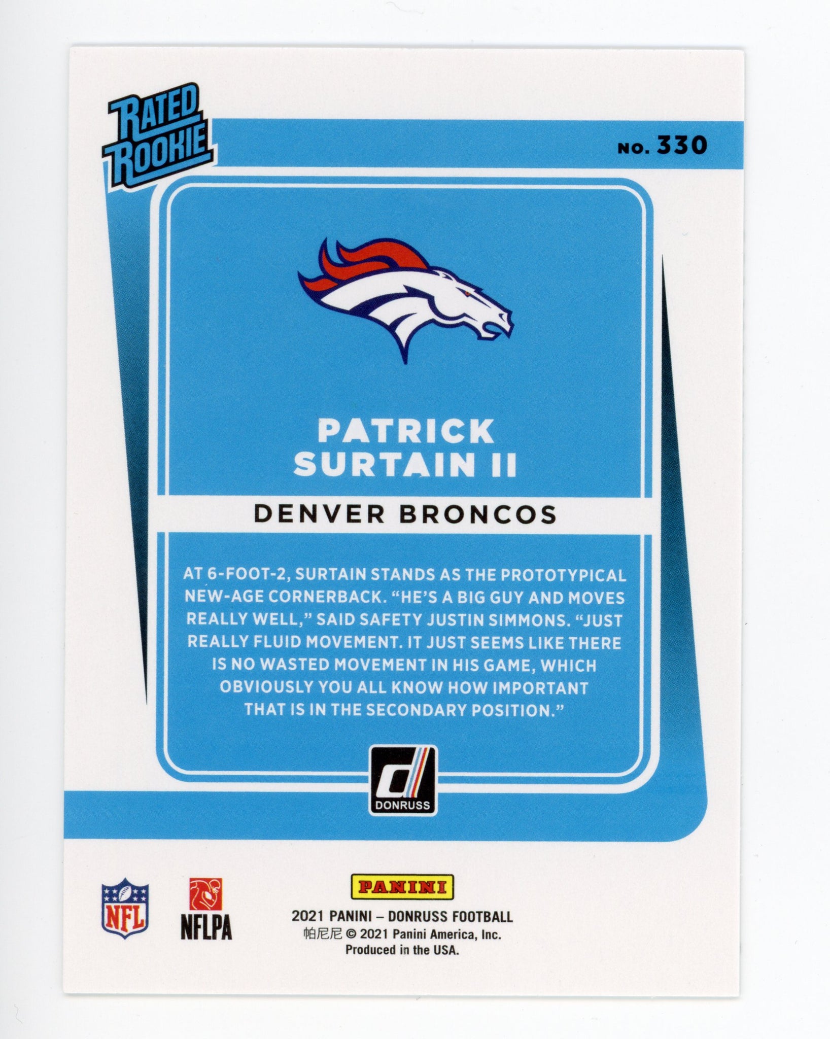 Patrick Surtain II Panini 2020-2021 Rated Rookie Denver Broncos #330