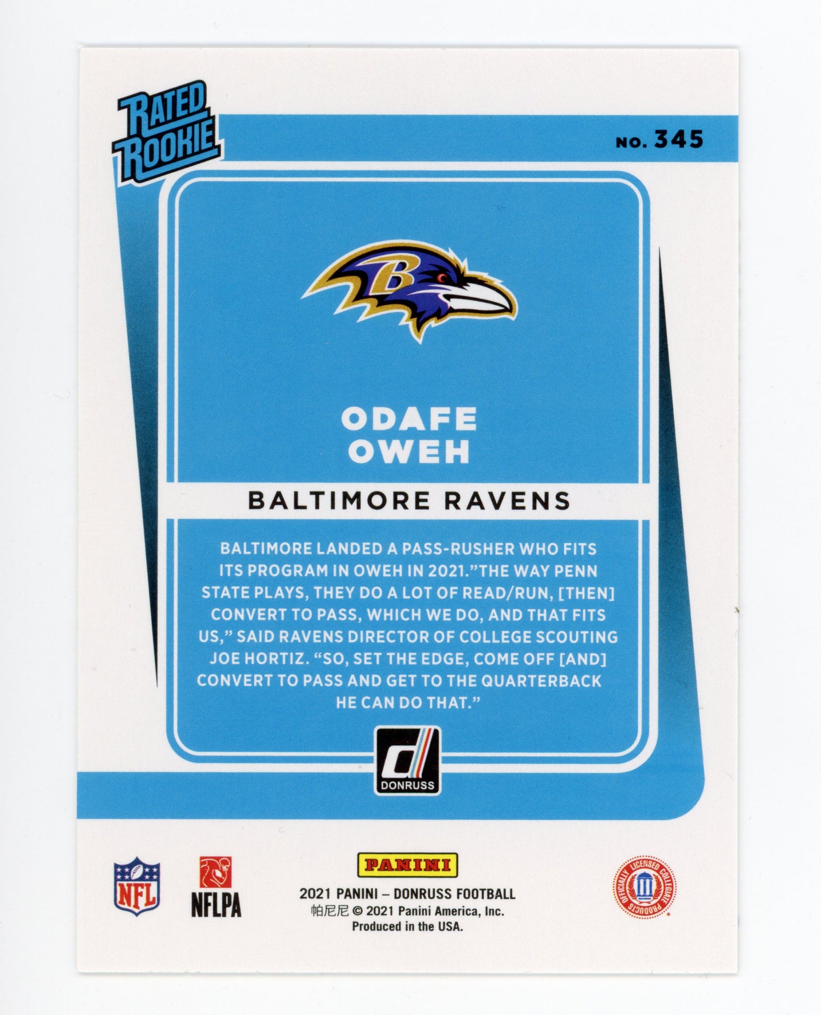 Odafe Oweh Panini 2020-2021 Rated Rookie Baltimore Ravens #345