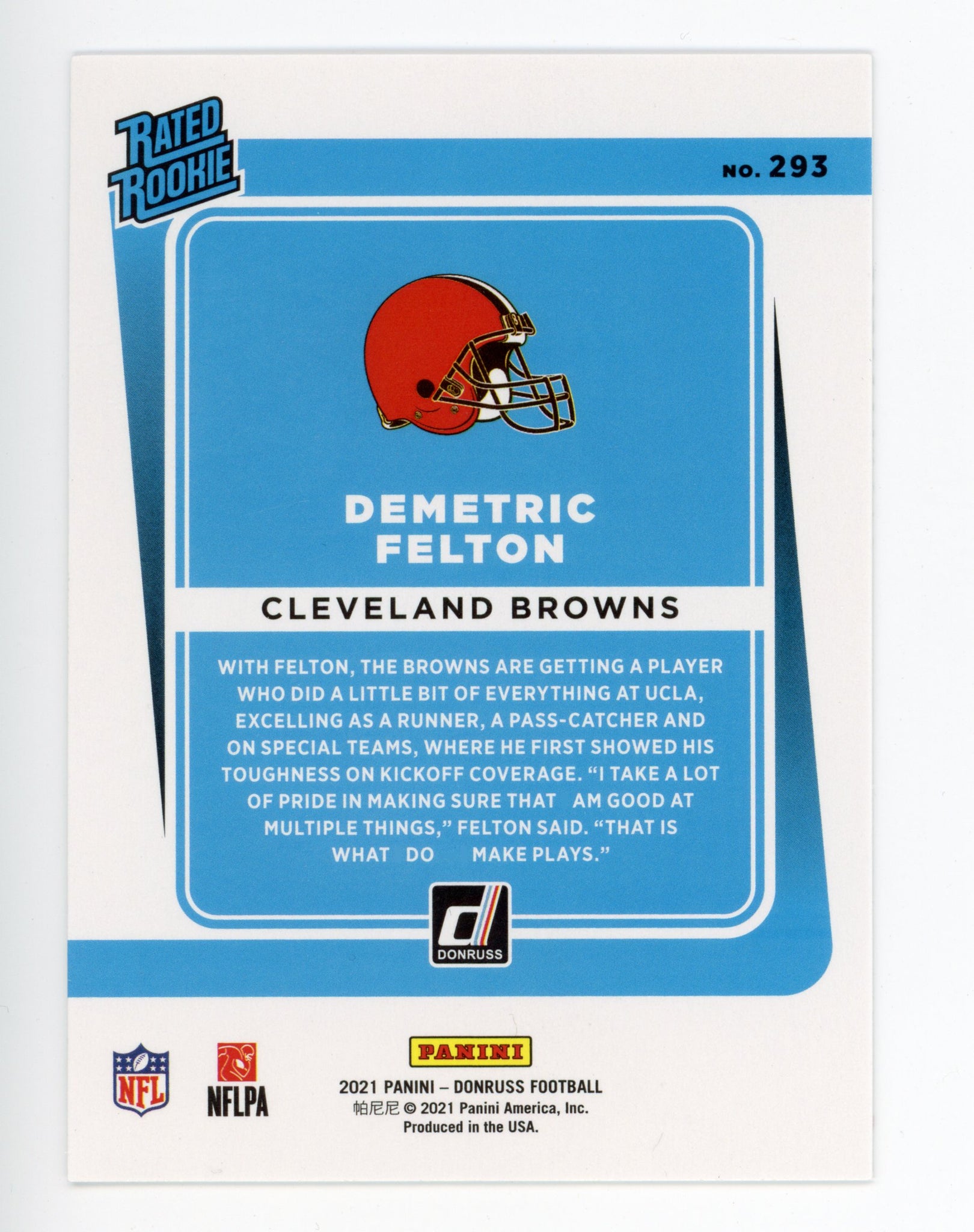 Demetric Felton Panini 2020-2021 Rated Rookie Cleveland Browns #293