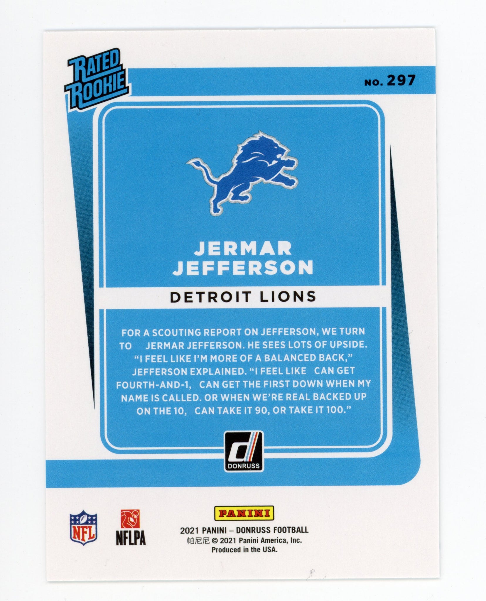 Jermar Jefferson Panini 2020-2021 Rated Rookie Detroit Lions #297