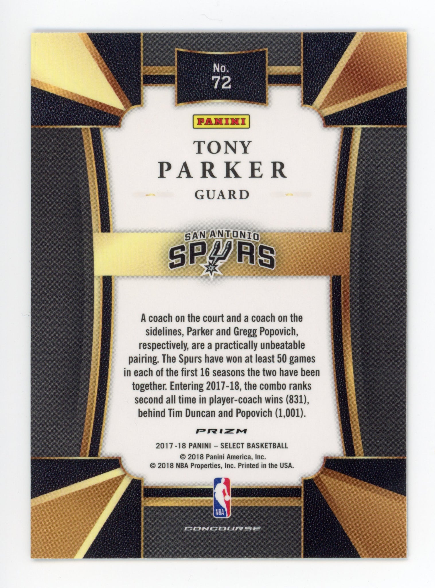 Tony Parker Panini 2017-2018 Select Prizm San Antonio Spurs #72
