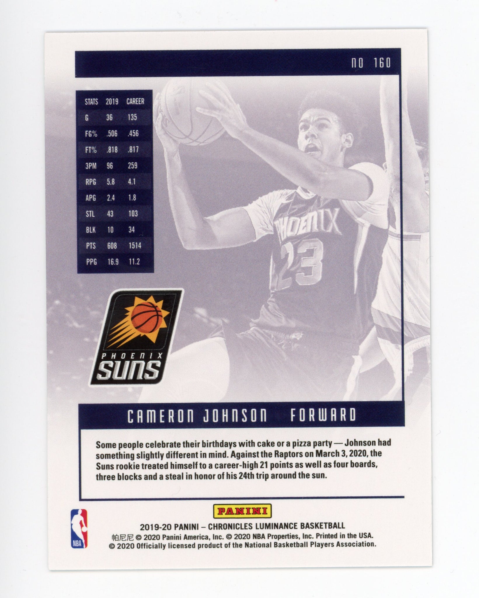 Cameron Johnson Panini 2019-2020 Luminance Rookie Phoenix Suns #160
