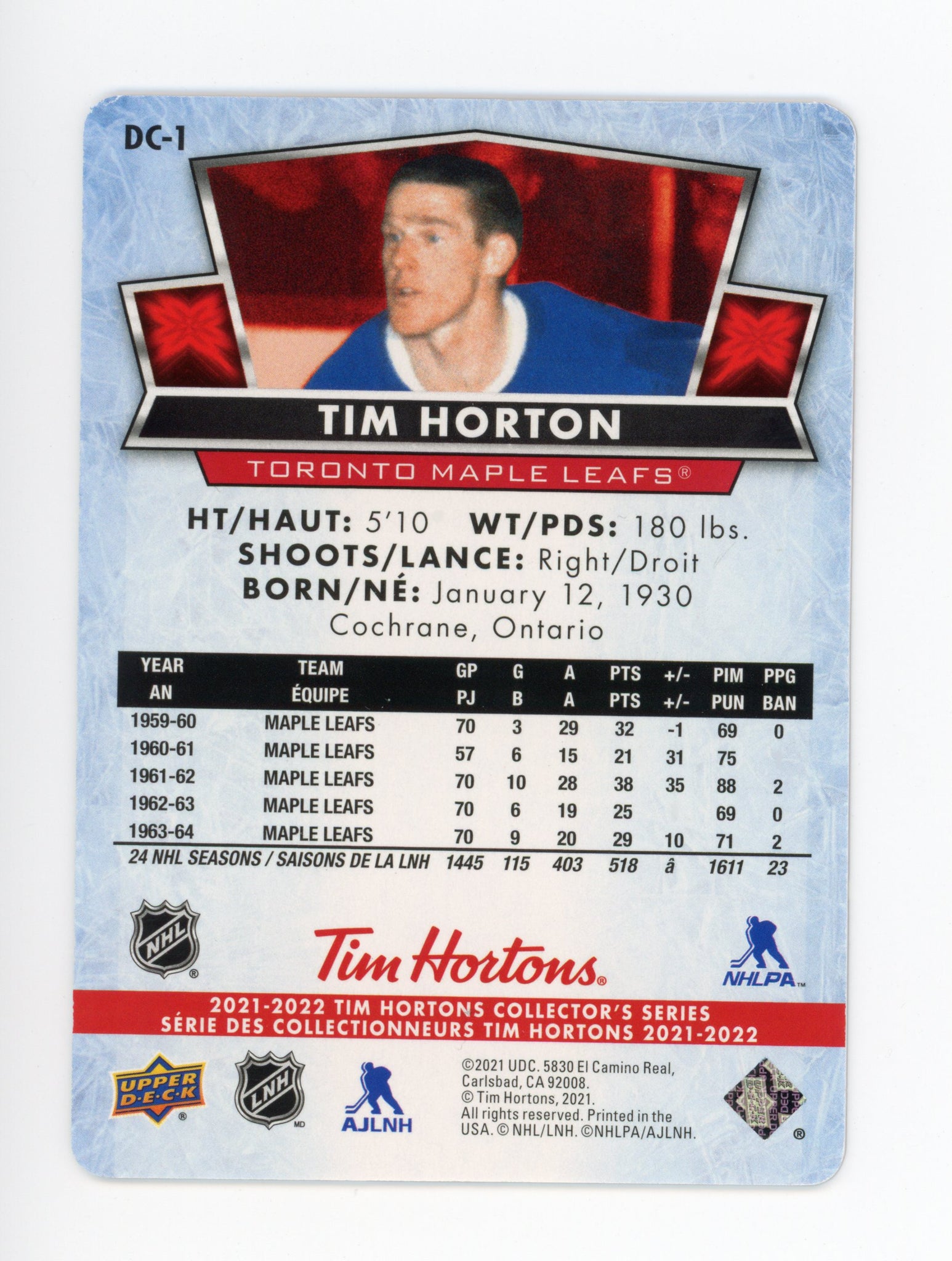 Tim Horton Upper Deck 2021 Die Cut Toronto Maple Leafs DC-1