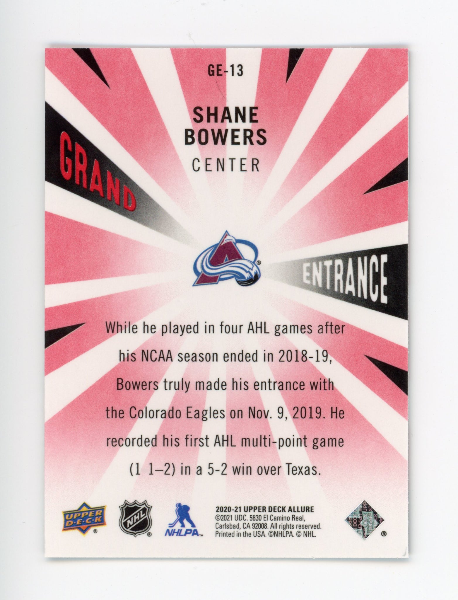 2020-2021 Shane Bowers Grand Entrance Allure Colorado Avalanche #GE-13
