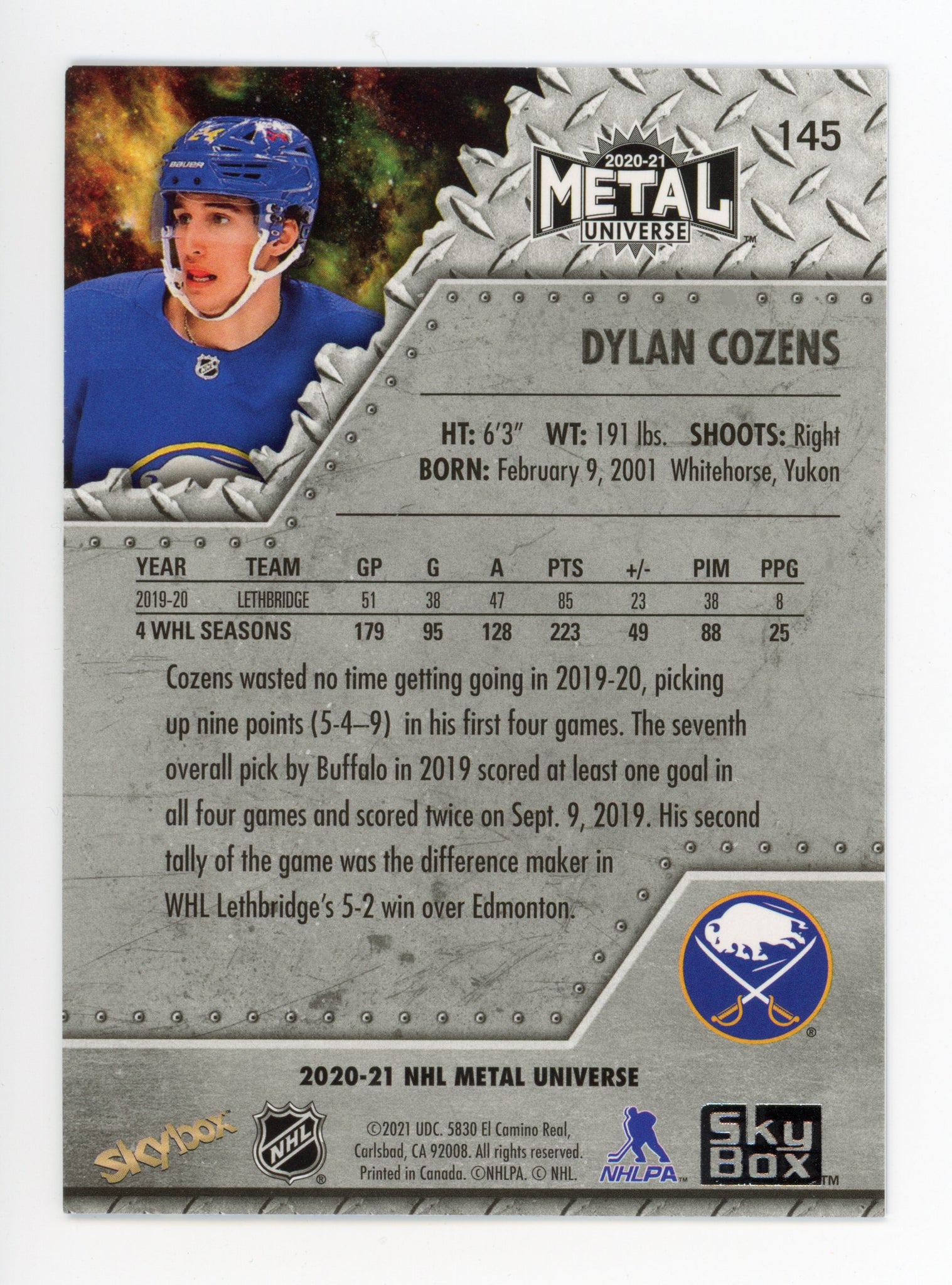 2020-2021 Dylan Cozens Rookie Metal Universe Buffalo Sabres #145