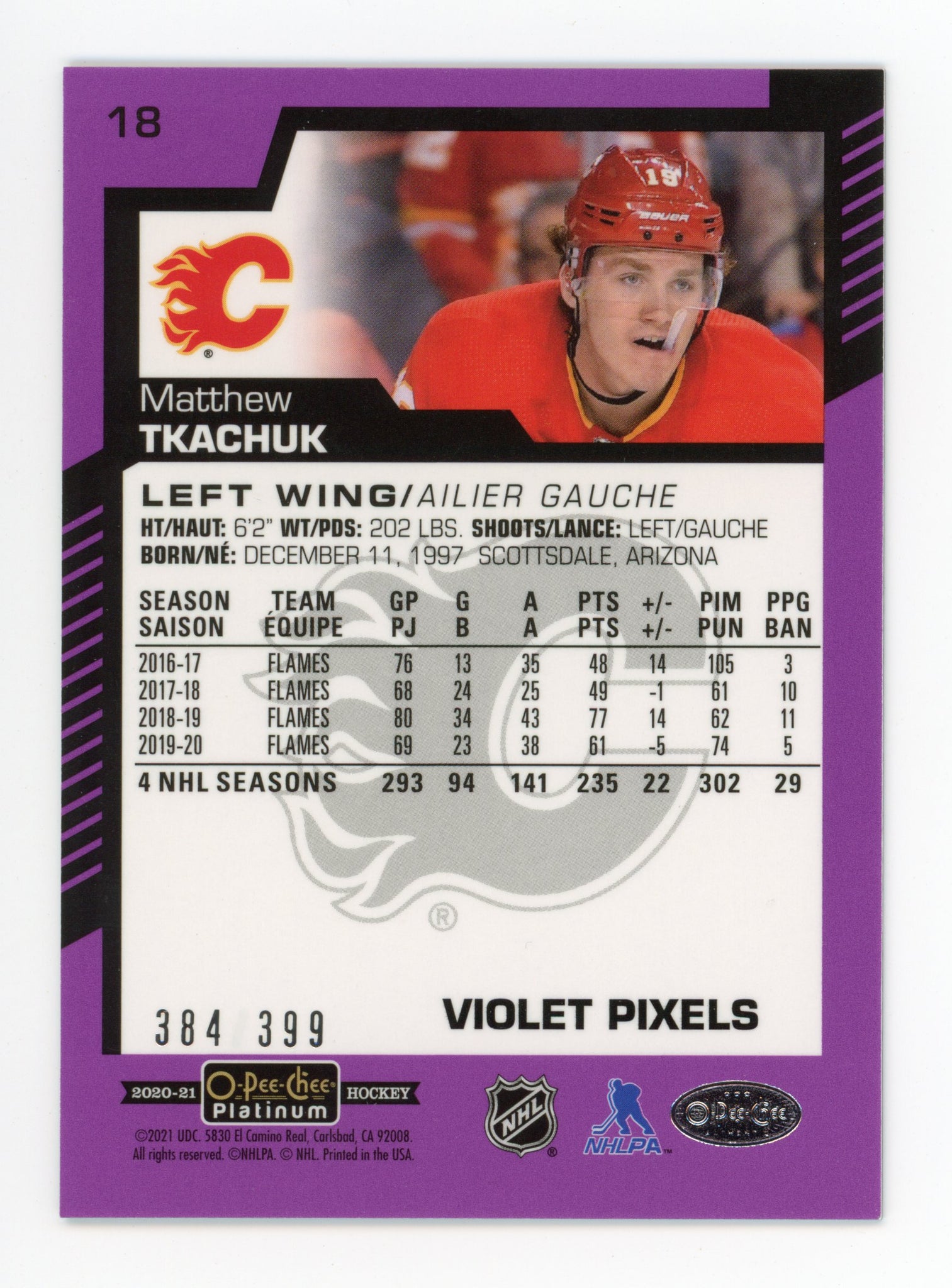 2020-2021 Matthew Tkachuk #d /399 Violet Pixels OPC Calgary Flames #18