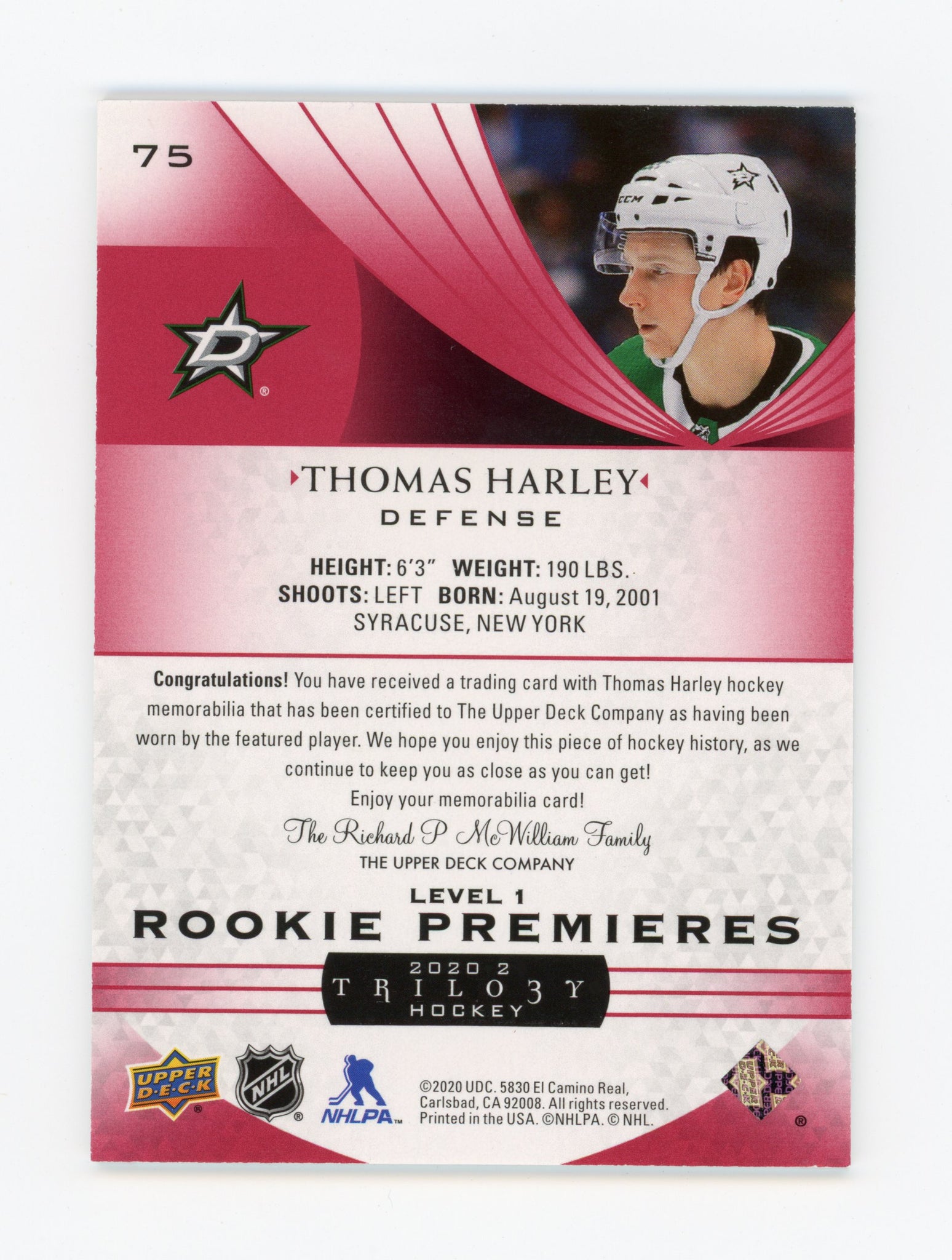 2020-2021 Thomas Harley Rookie Premiers #d /499 Trilogy Dallas Stars #75
