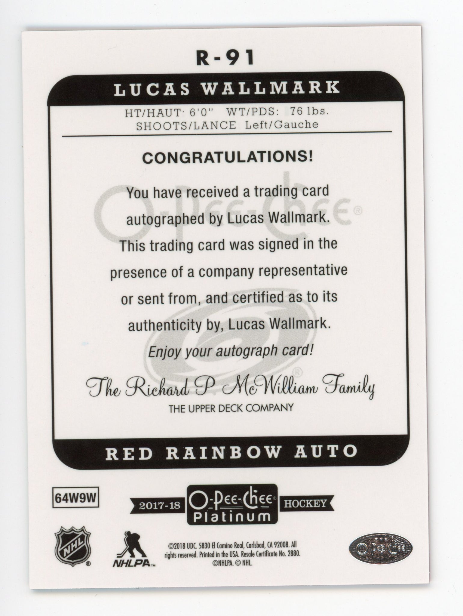 2018-2019 Lucas Wallmark Marquee Rookie Red Rainbow Auto OPC Carolina Hurricanes #R-91