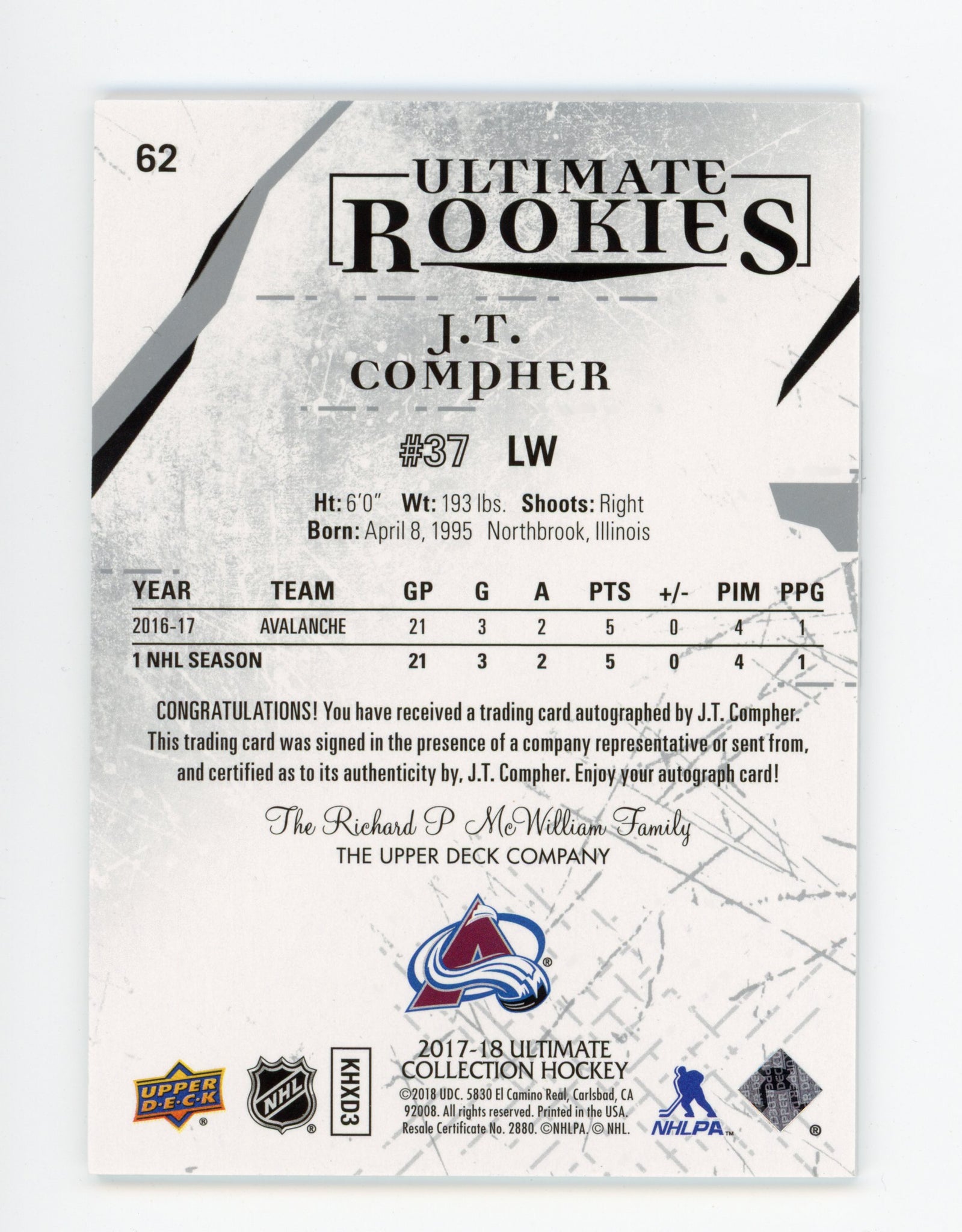 2017-2018 J.T. Compher Ultimate Rookies #d /399 Colorado Avalanche #62