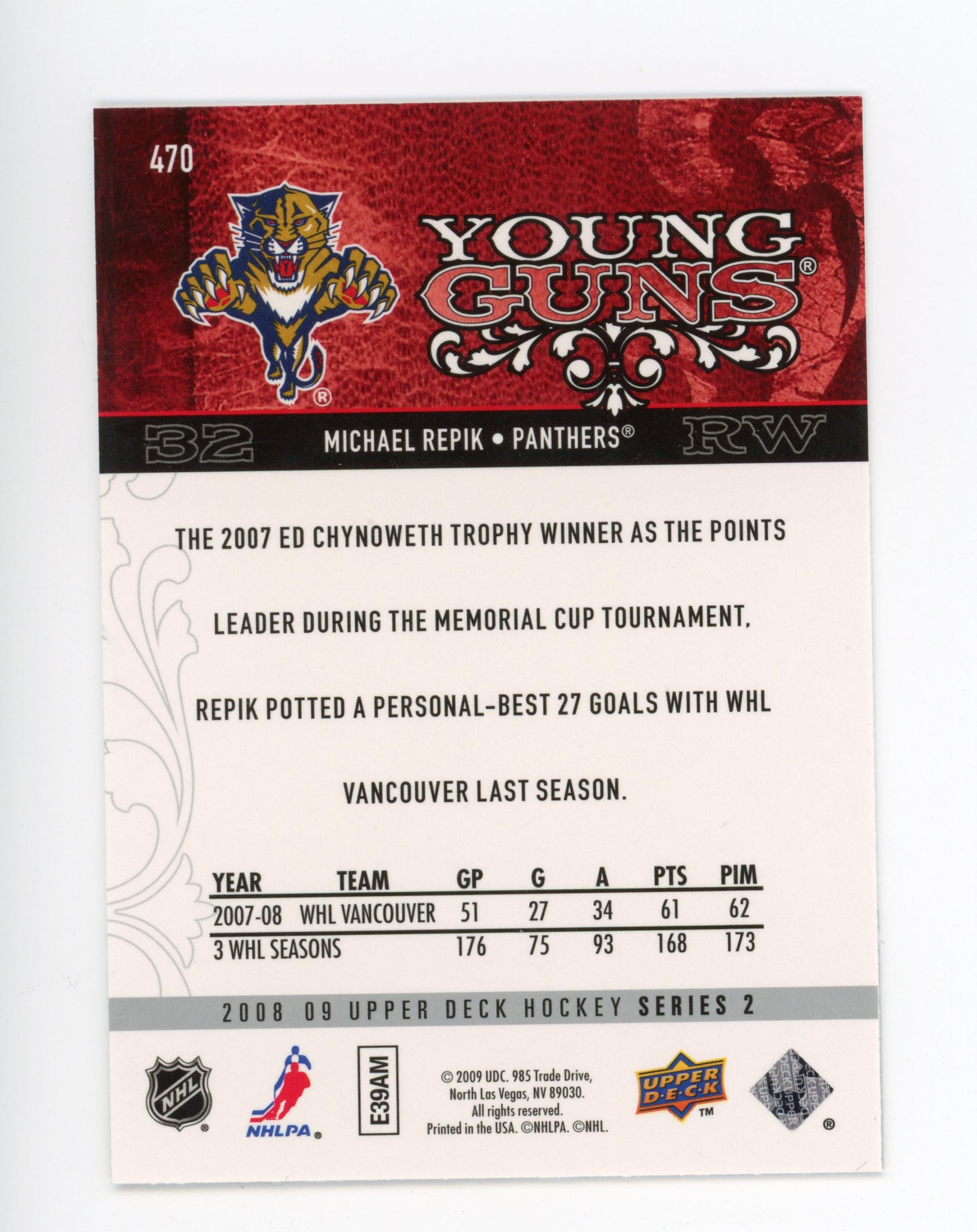 2008-2009 Michael Repik Young Guns Upper Deck Series 2 Florida Panthers #470