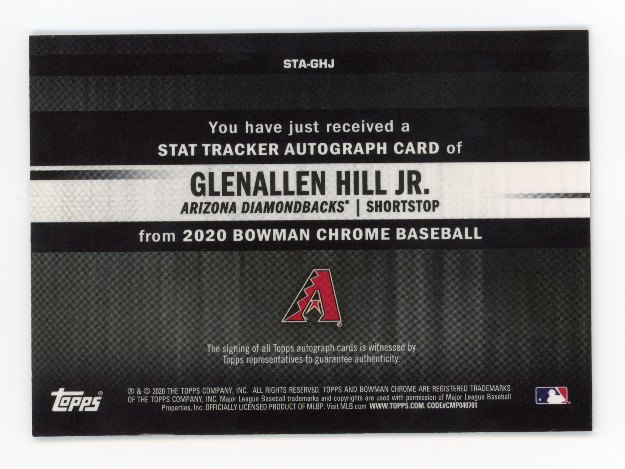 2020 Glenallen Hill Jr Stat Tracker Autographed #d / 99 Arizona Diamondbacks #STA-GHJ