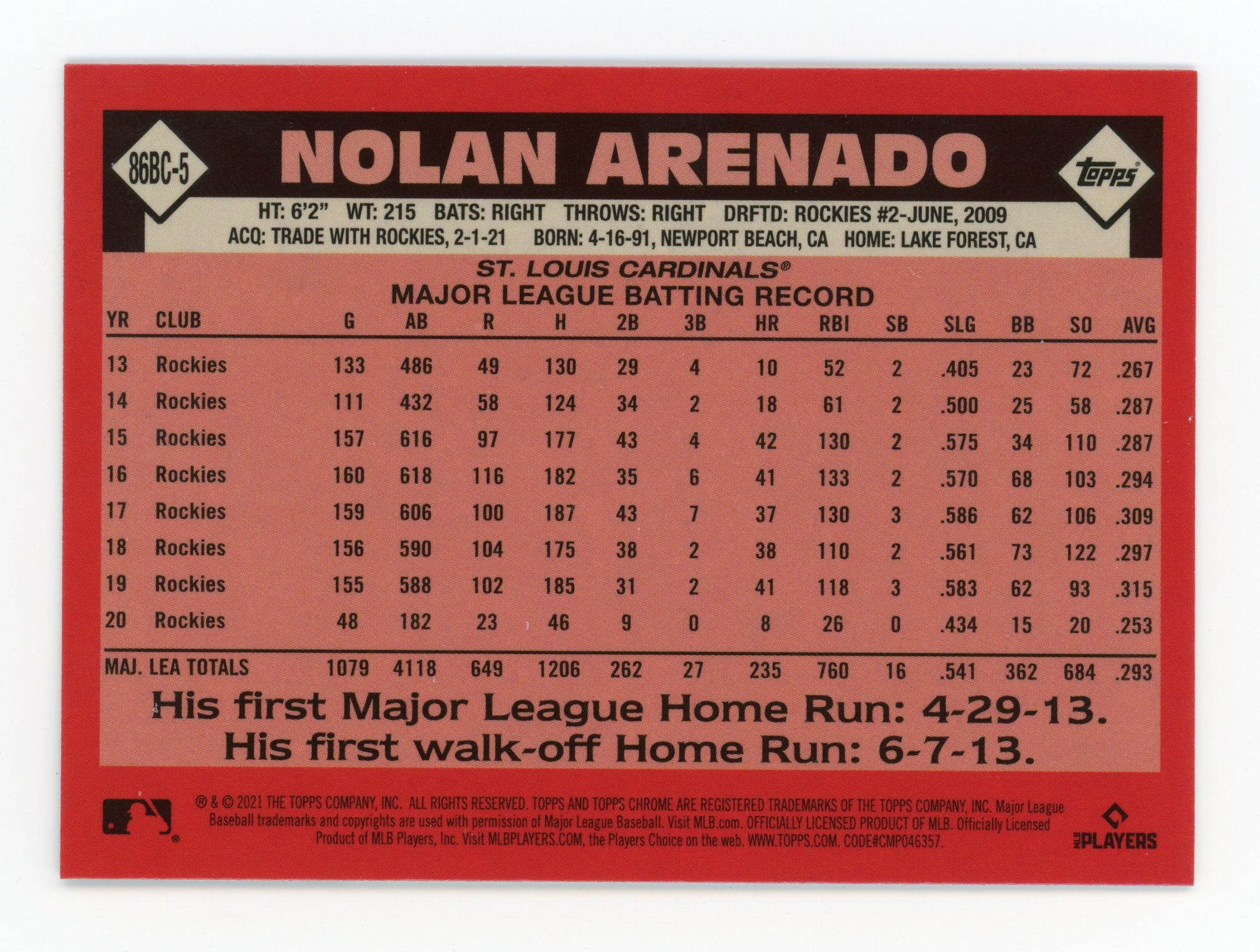 2021 Nolan Arenado 35TH Anniversary Refractor Topps Chrome St.Louis Cardinals # 86BC-5