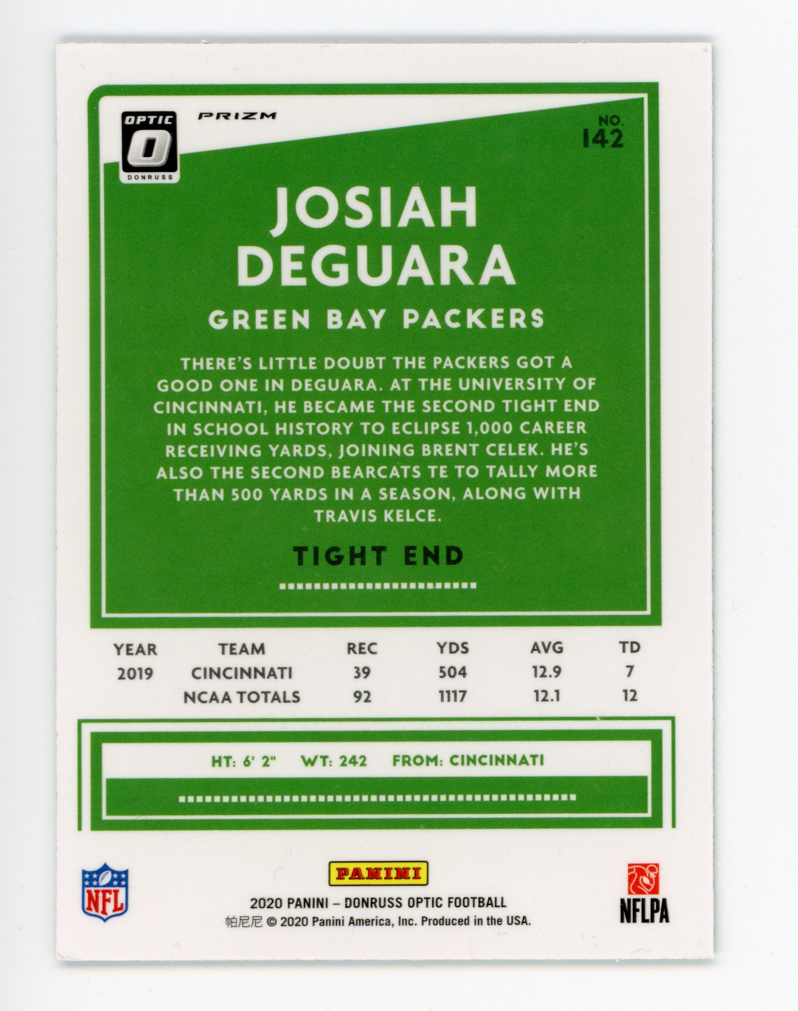 2020 Josiah Deguara Prizm Panini Optic Green Bay Packers # 142