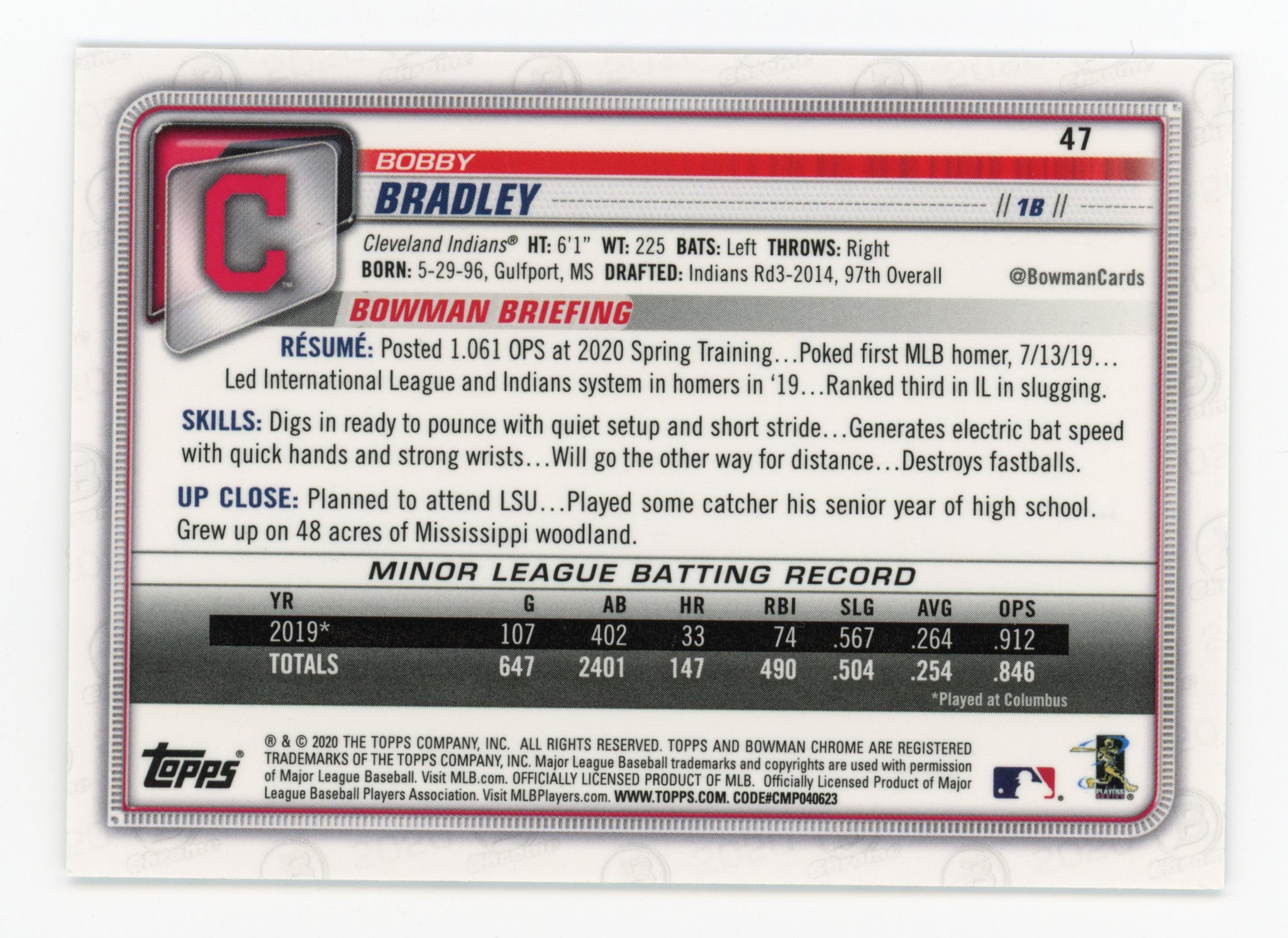 2020 Bobby Bradley Rookie Topps Chrome Cleveland Indians #47