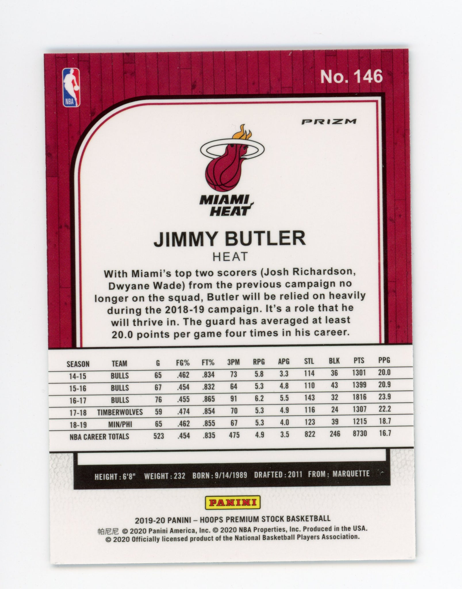 2019-2020 Jimmy Butler Prizm Panini NBA Hoops Miami Heat # 146