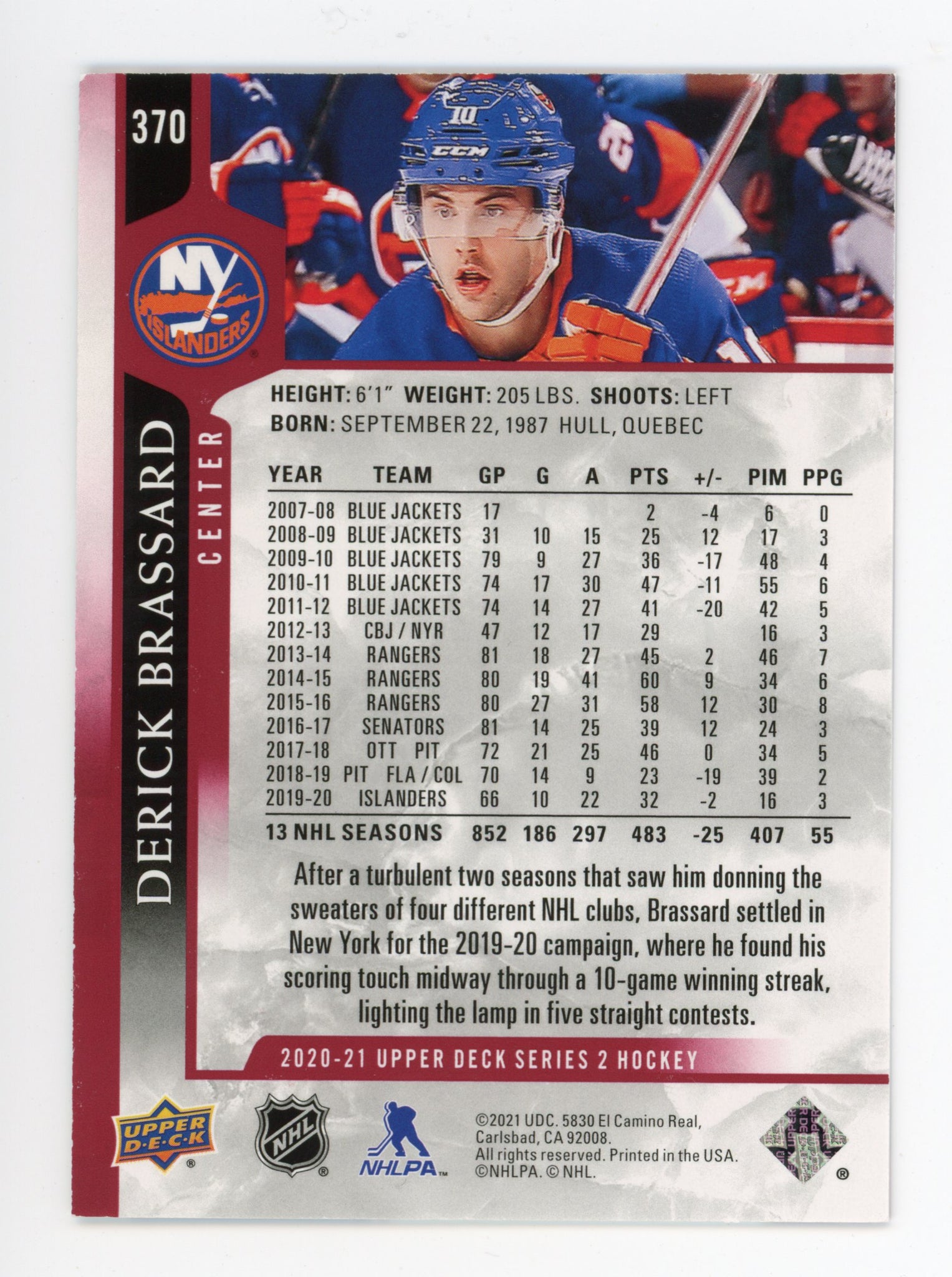 2020-2021 Derick Brassard Exclusives #d /100 Upper Deck Series 2 New York Islanders #370