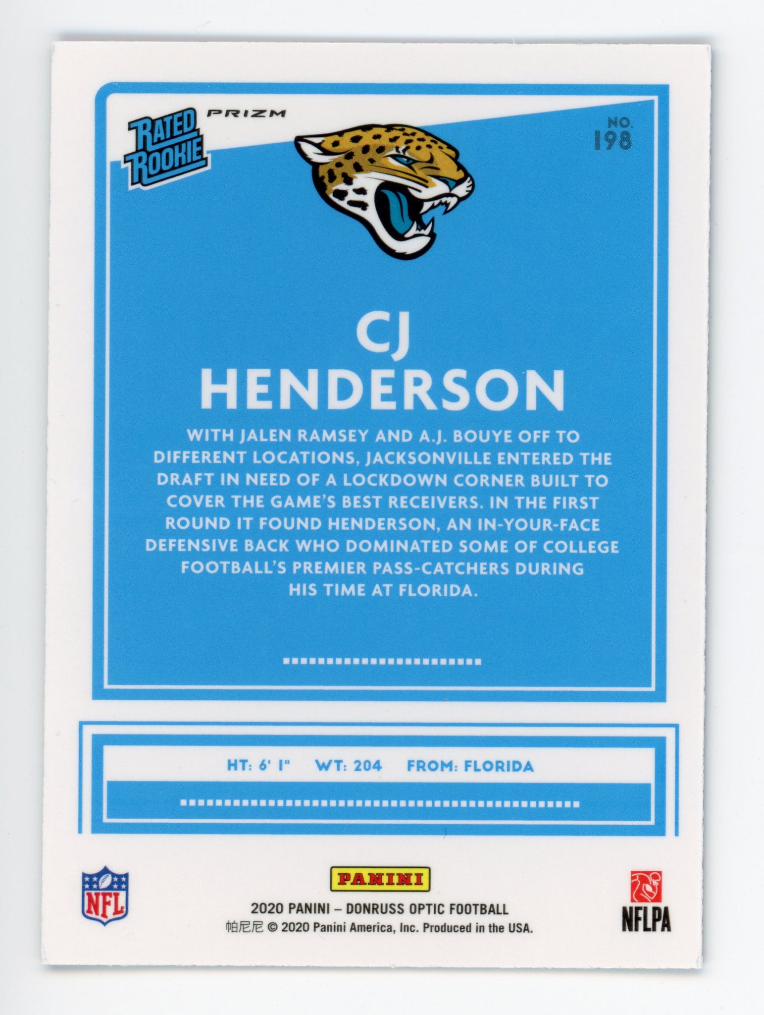 2020 Cj Henderson Rated Rookie Blue Hyper Prizm Panini Jacksonville Jaguars #198