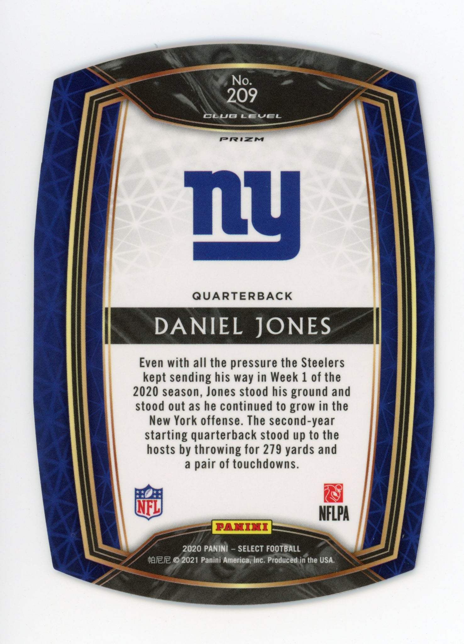 2020-2021 Daniel Jones Tri Color Club Level Panini Select New York Giants # 209