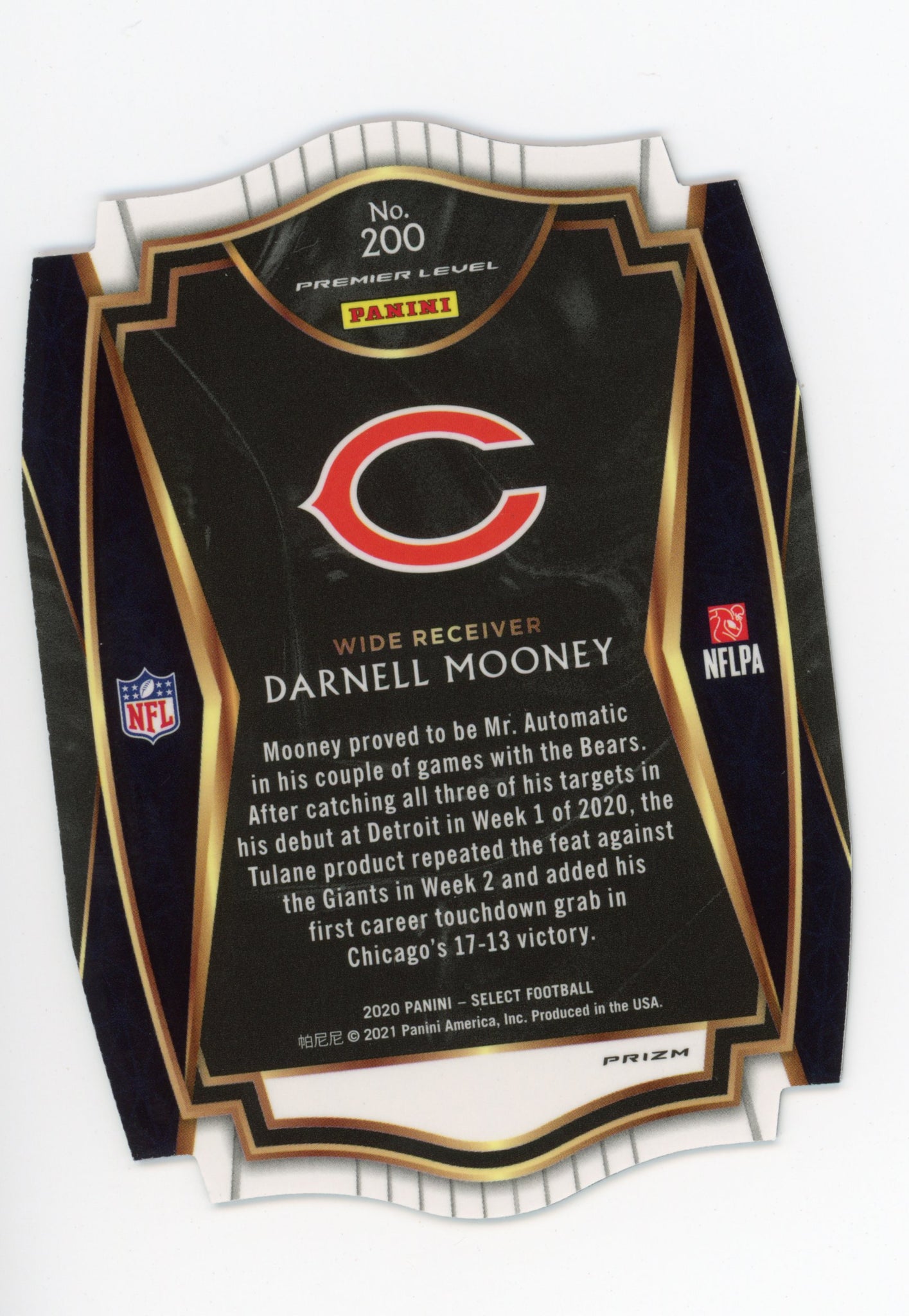 2020-2021 Darnell Mooney Tri Color Prizm Premier Level Panini Select Chicago Bears # 200