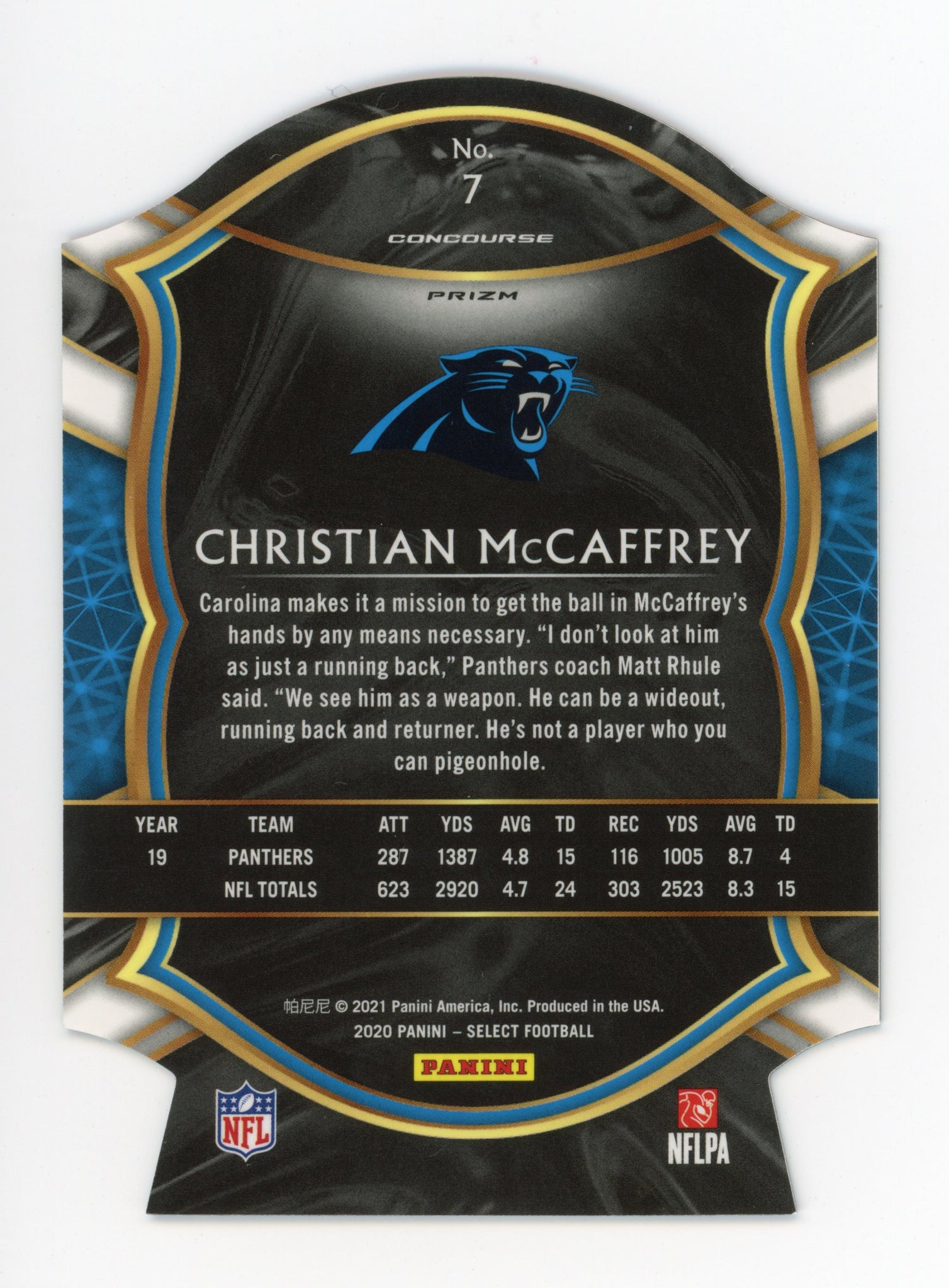 2020-2021 Christian Mccaffrey Tri Color Panini Select Carolina Panthers # 7