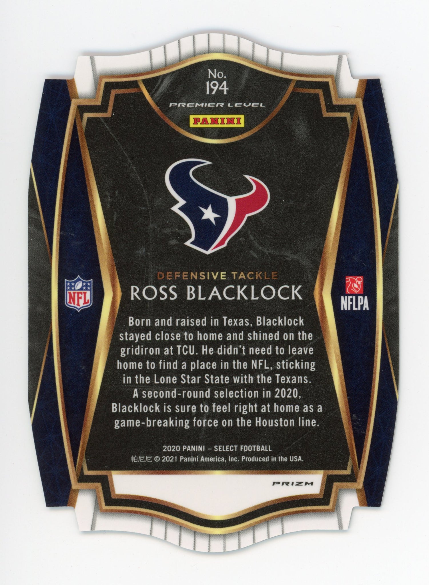 2020-2021 Ross Blacklock Tri Color Premier Level Panini Select Houston Texans # 194