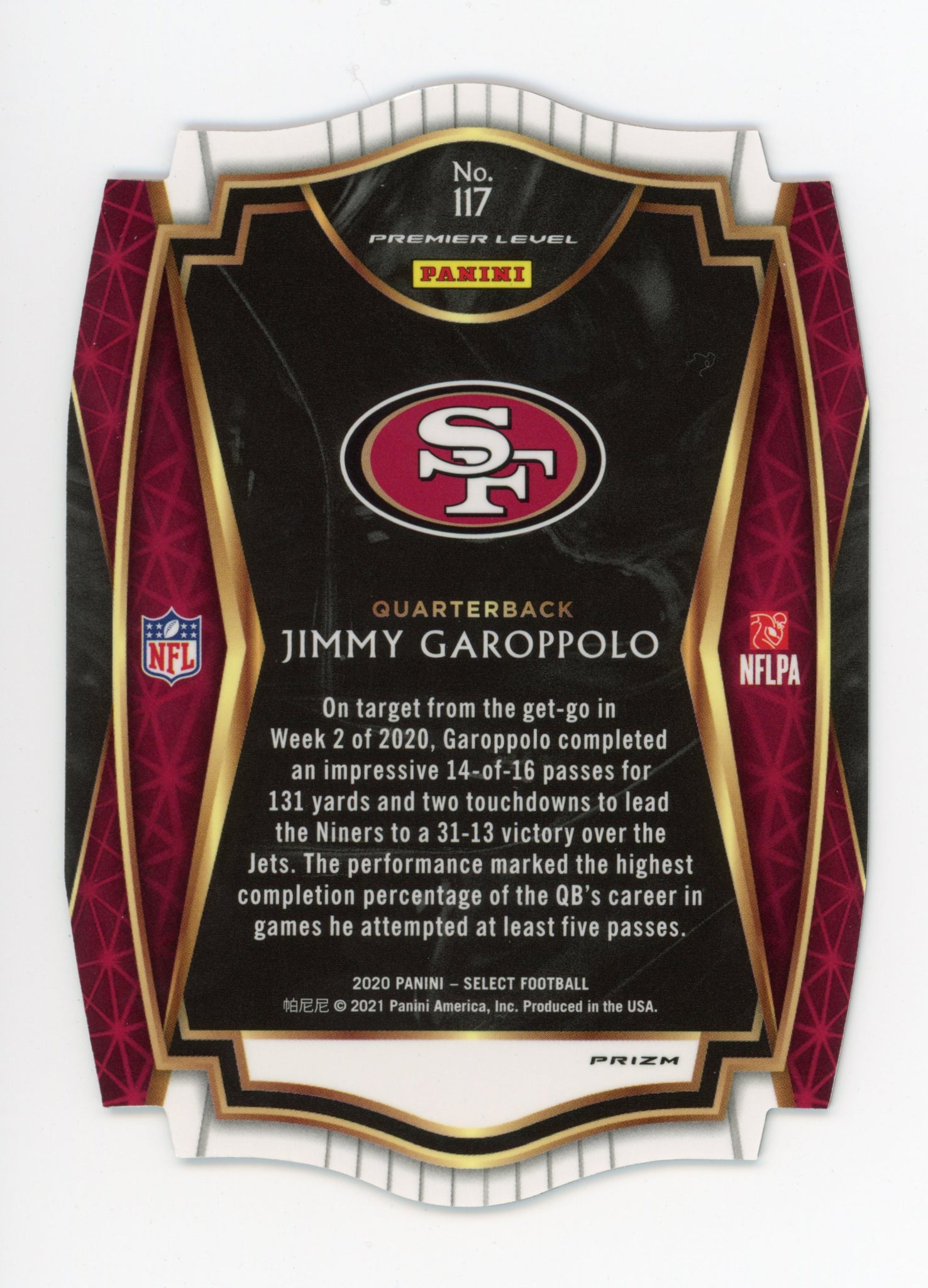 2020-2021 Jimmy Garoppolo Tri Color Premier Level Panini Select San Francisco 49ers # 117