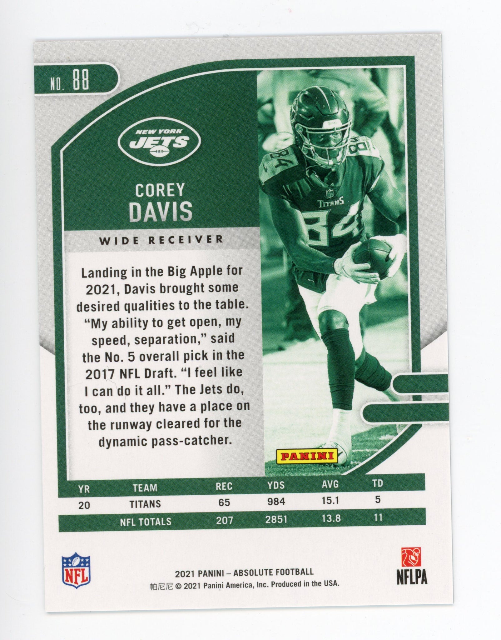 2021 Corey Davis Absolute Football #d /499 Panini New York Jets #88
