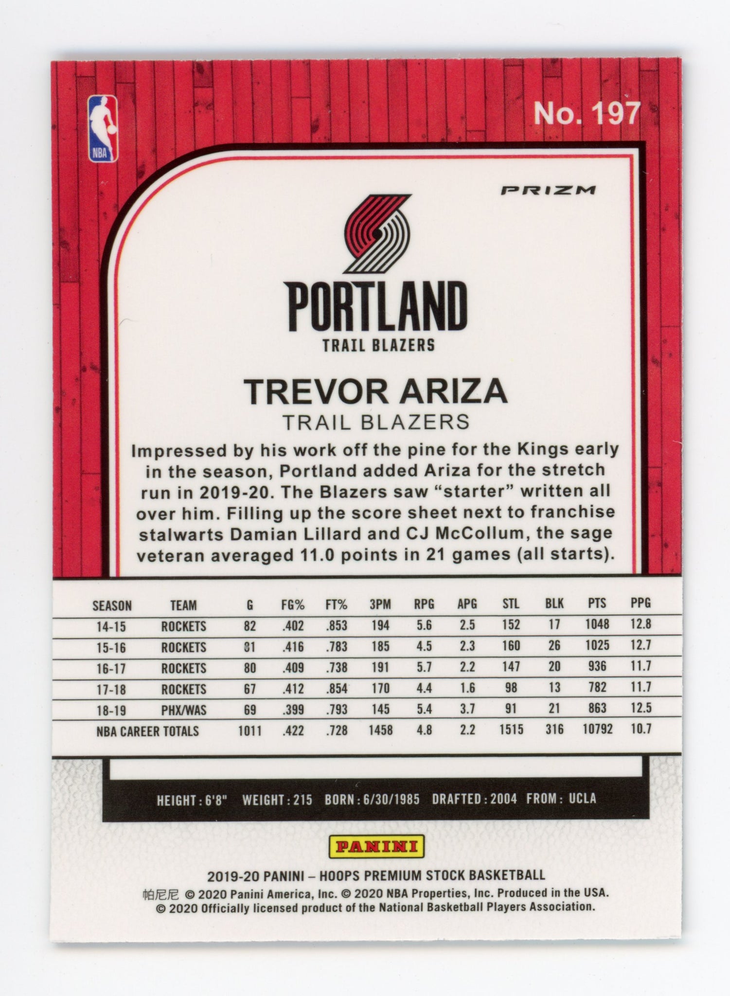 2019-2020 Trevor Ariza Purple Disco Panini Portland Trail Blazers # 197