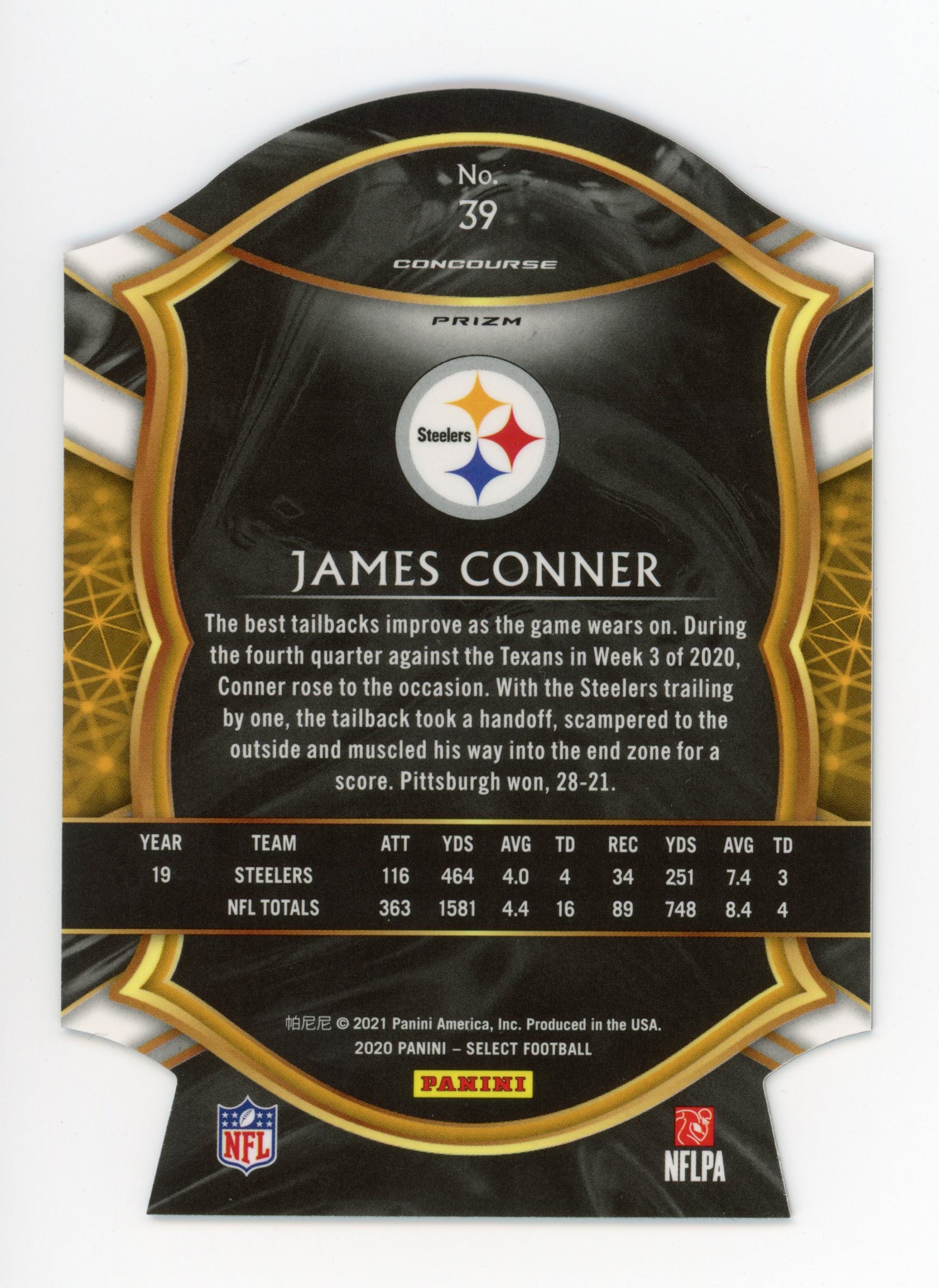 2020-2021 James Conner Die Cut Concourse Panini Select Pittsburgh Steelers # 39