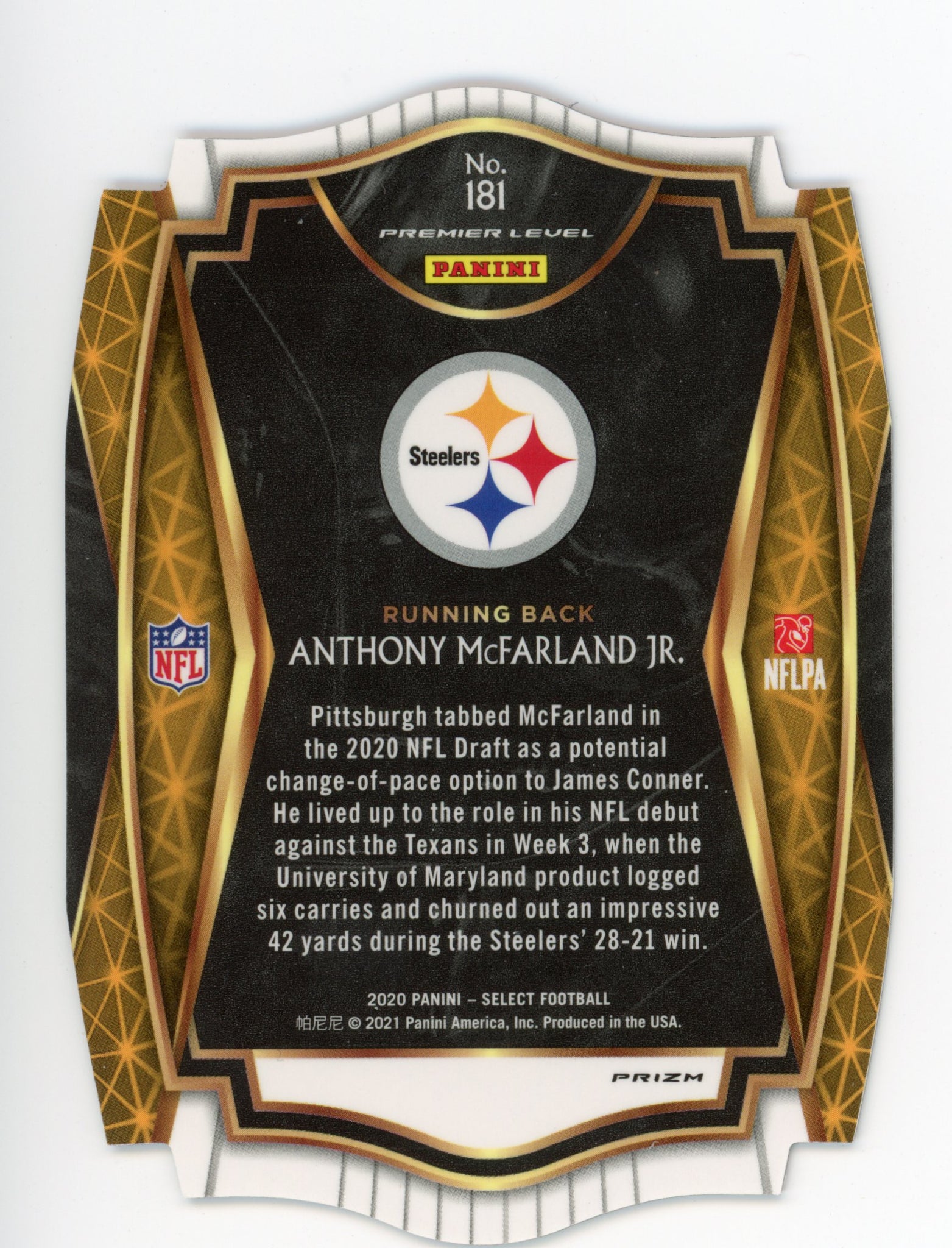 2020-2021 Anthony Mcfarland Jr Die Cut Premier Level Panini Select Pittsburgh Steelers # 181