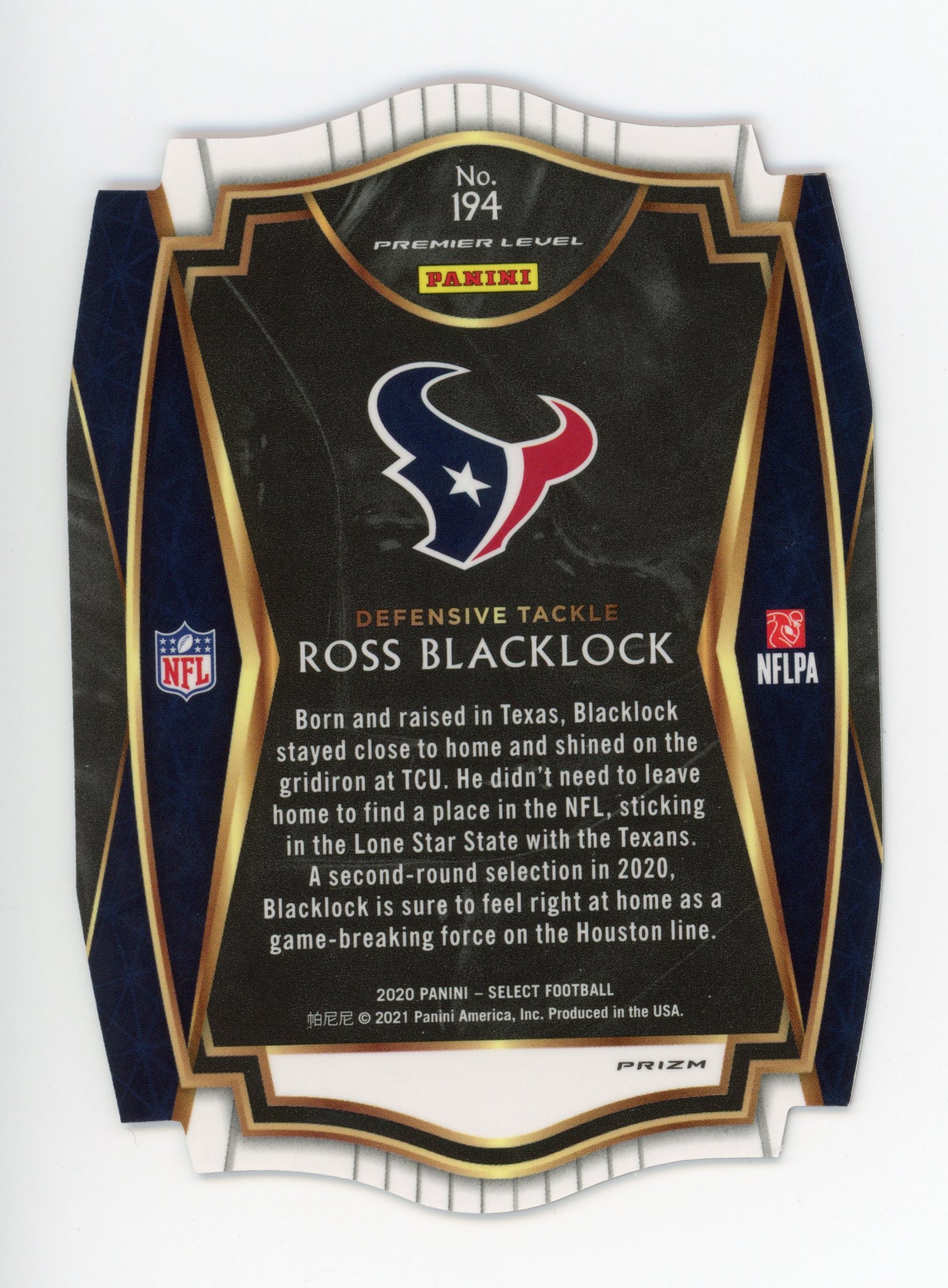 2020-2021 Ross Blacklock Rookie Die Cut Panini Select Houston Texans # 194