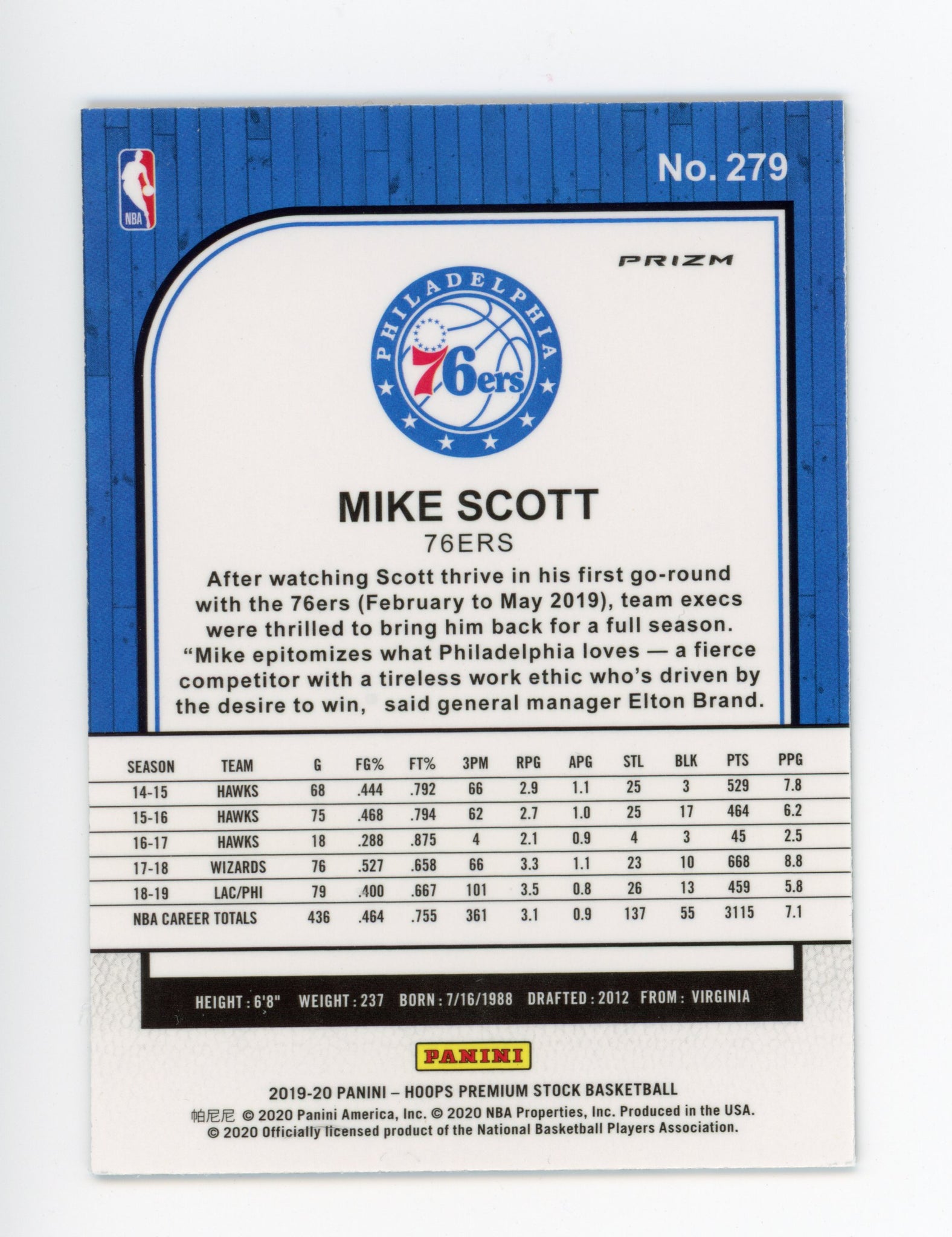 2019-2020 Mike Scott Premium Stock Prizm Philadelphia 76ers # 279