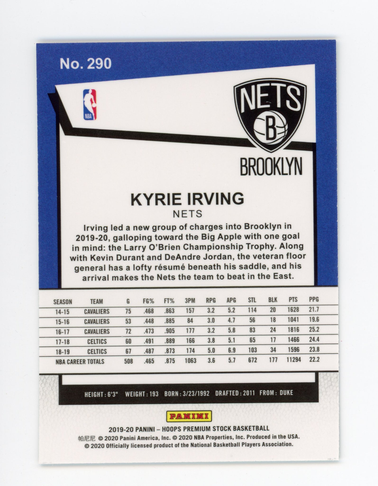 2019-2020 Kyrie Irving Tribute Premium Stock Panini Brooklyn Nets #  290