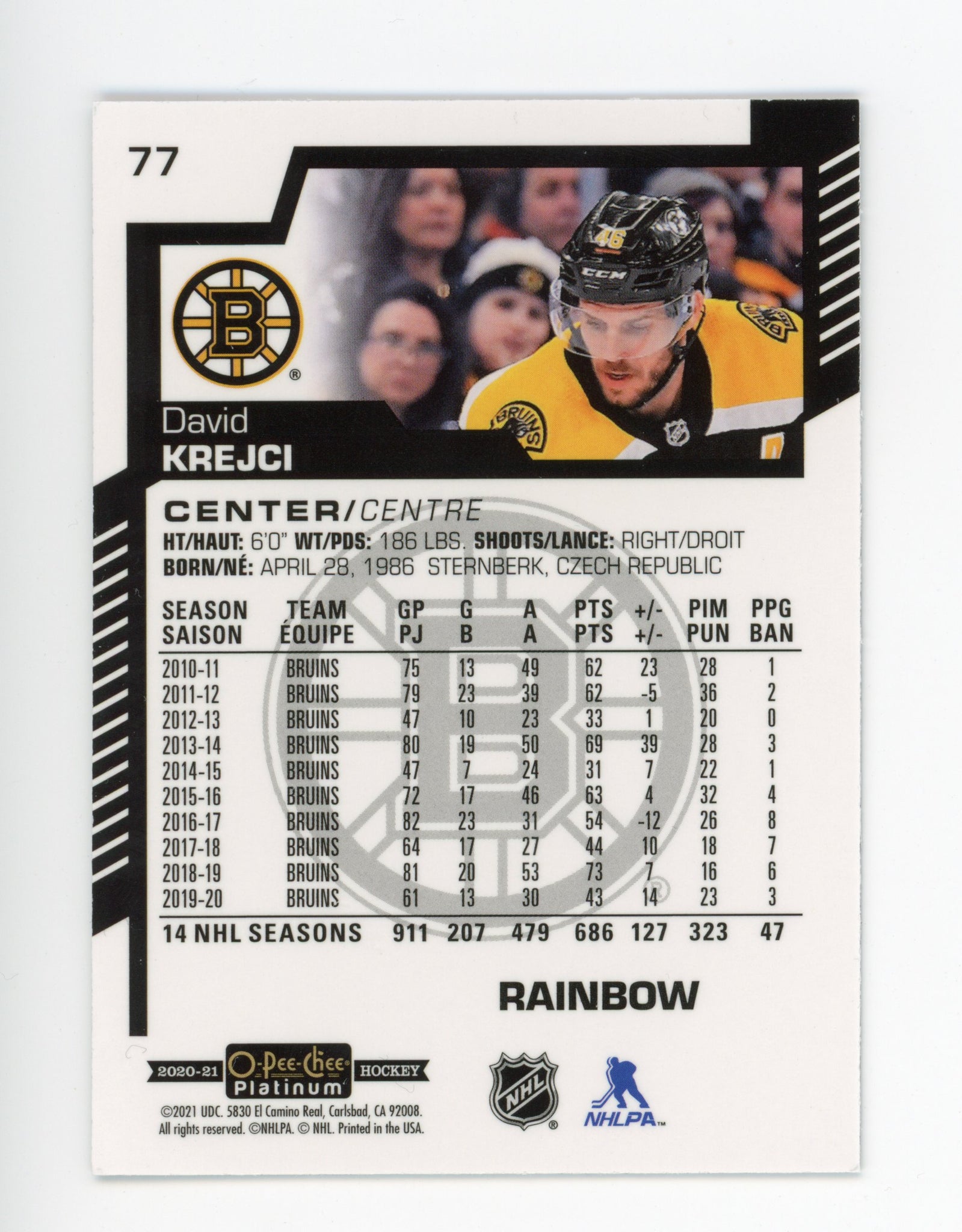 2020-2021 David Krejci Refractor OPC Platinum Boston Bruins # 77