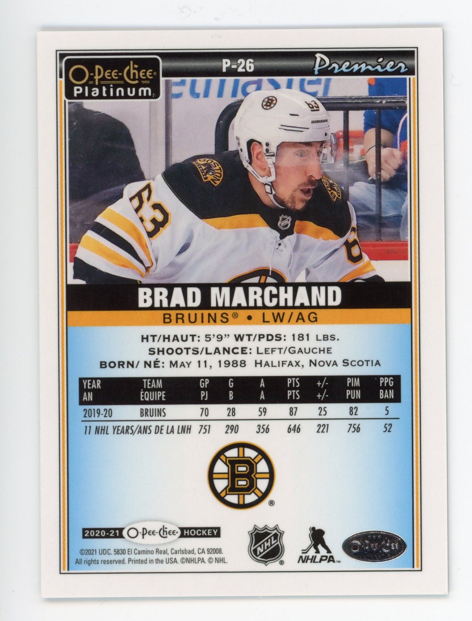 2020-2021 Brad Marchand Rainbow OPC Platinum Boston Bruins # P-26