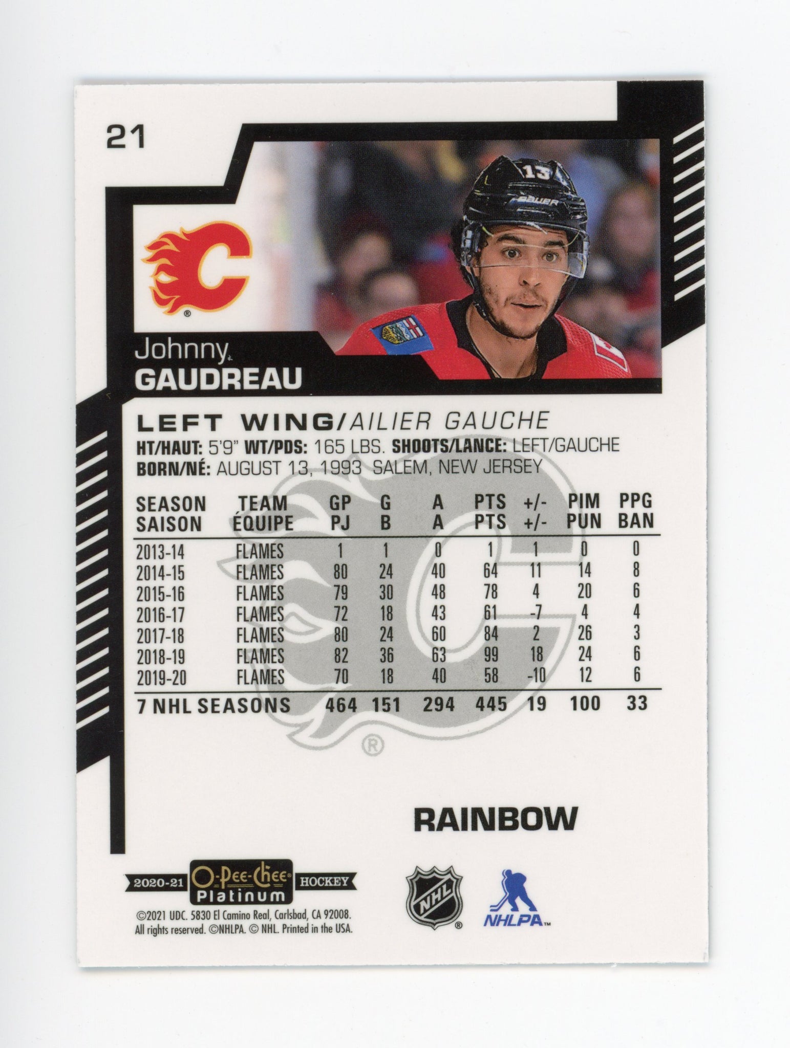 2020-2021 Johnny Gaudreau Rainbow OPC Platinum Calgary Flames # 21