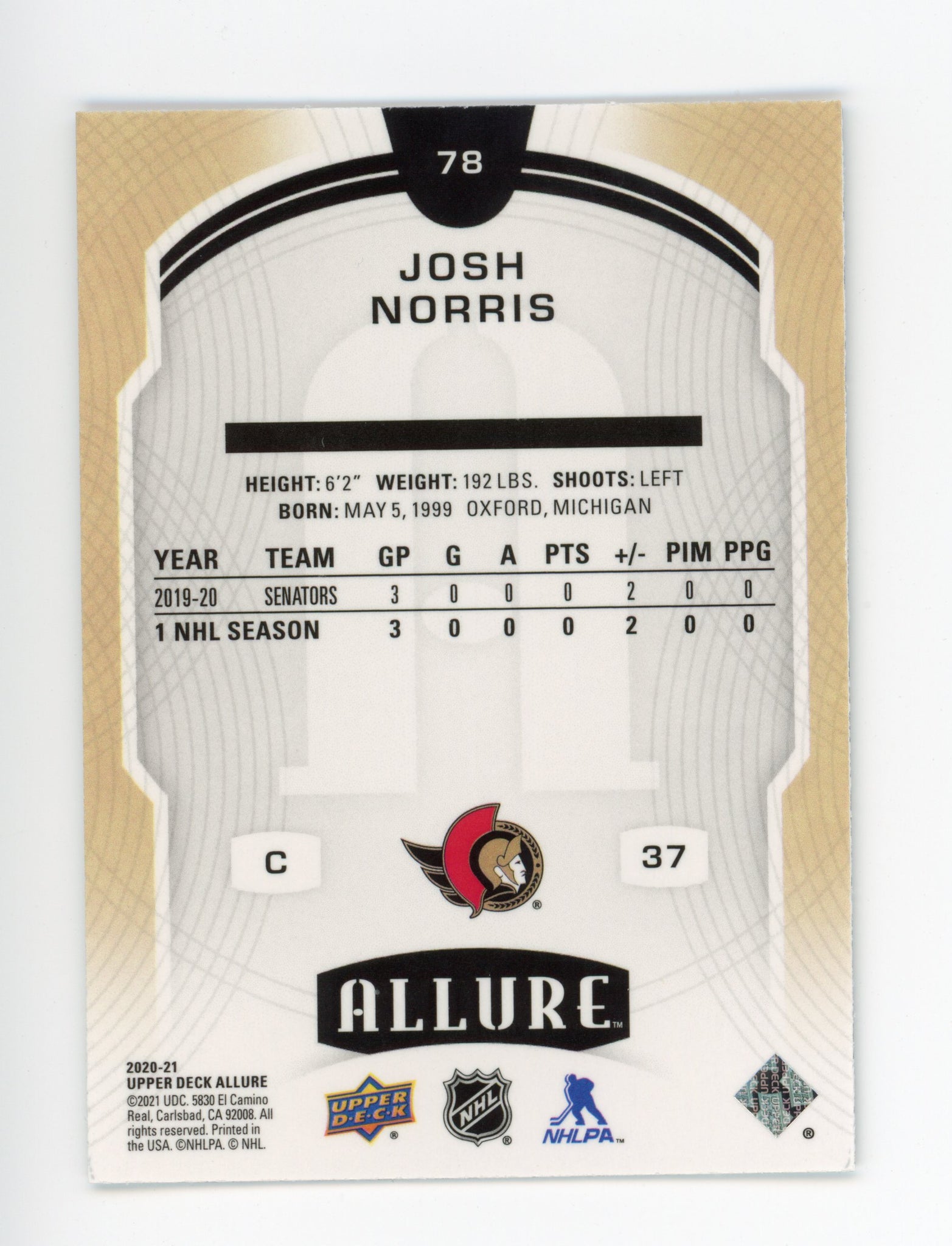 2020-2021 Josh Norris Rookie Upper Deck Ottawa Senators #78