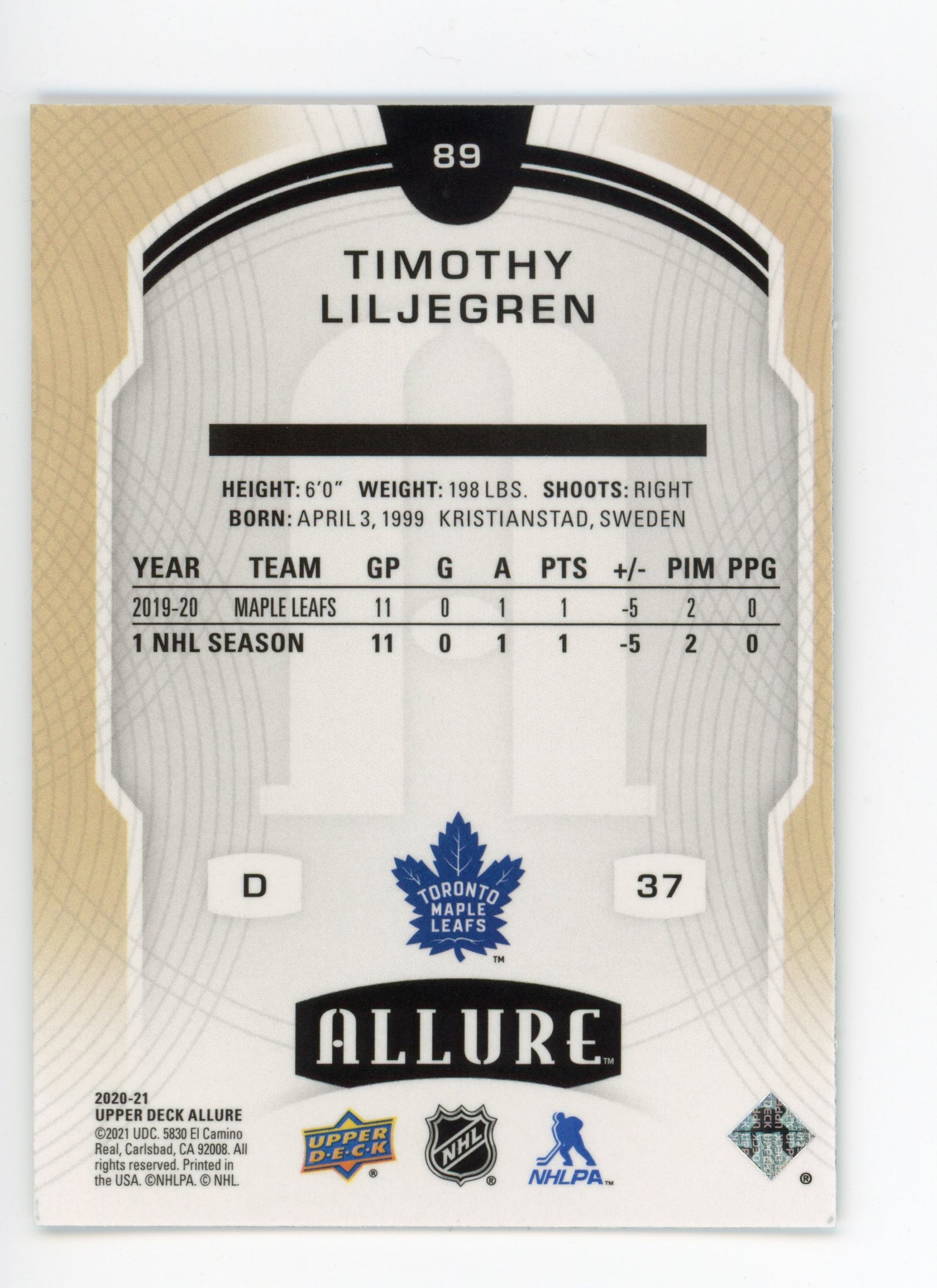 2020-2021 Timothy Liljegren Rookie Upper Deck Toronto Maple Leafs # 89