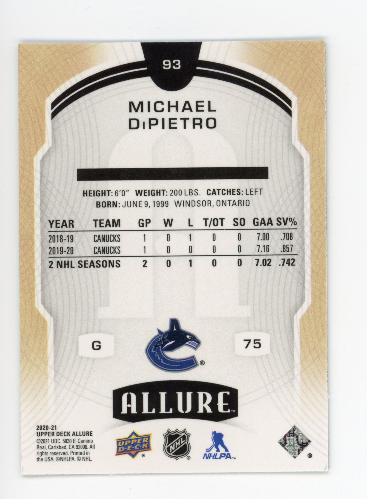 2020-2021 Michael Dipietro Rookie Allure Vancouver Canucks #93