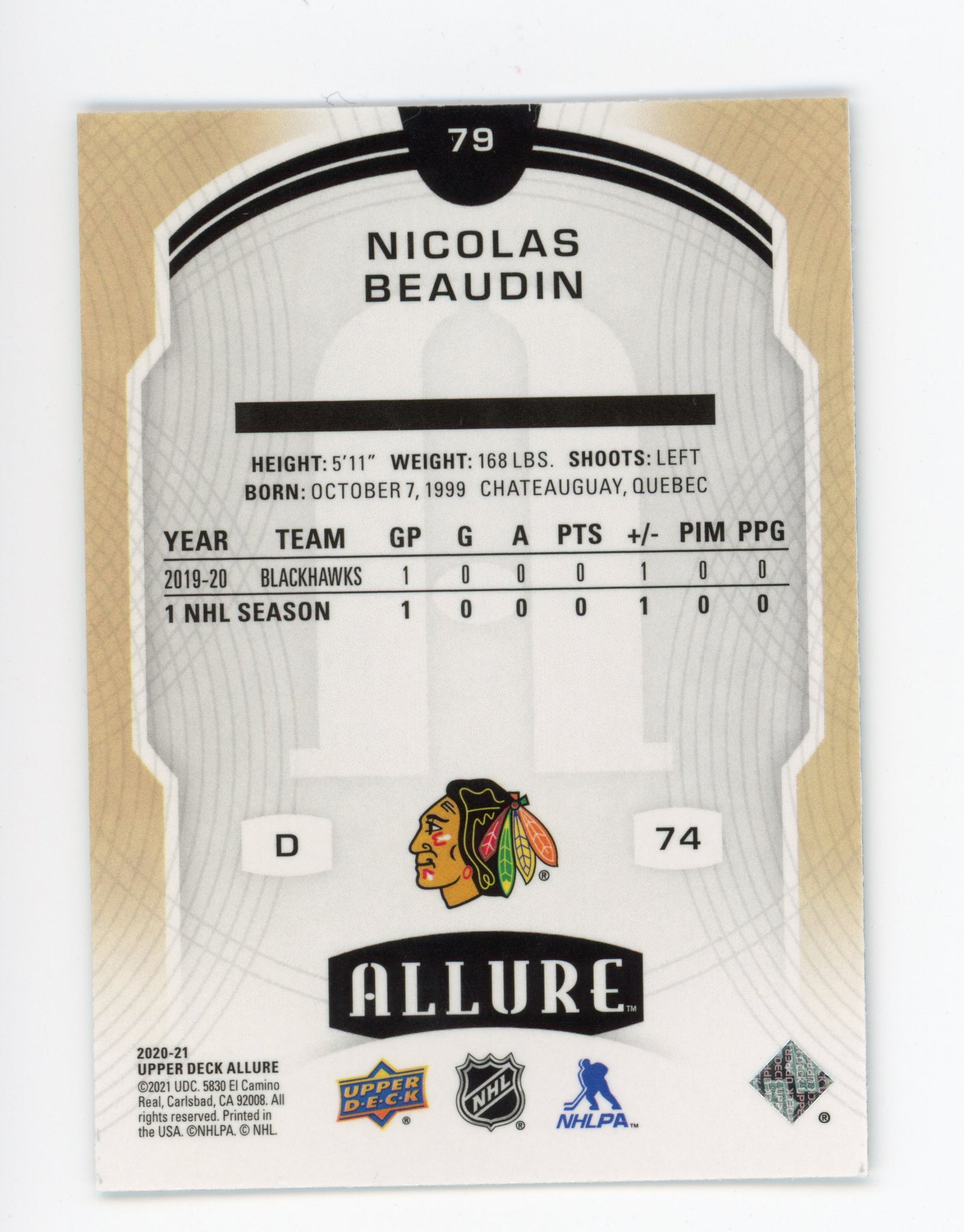 2020-2021 Nicolas Beaudin Rookie Allure Chicago Blackhawks # 79