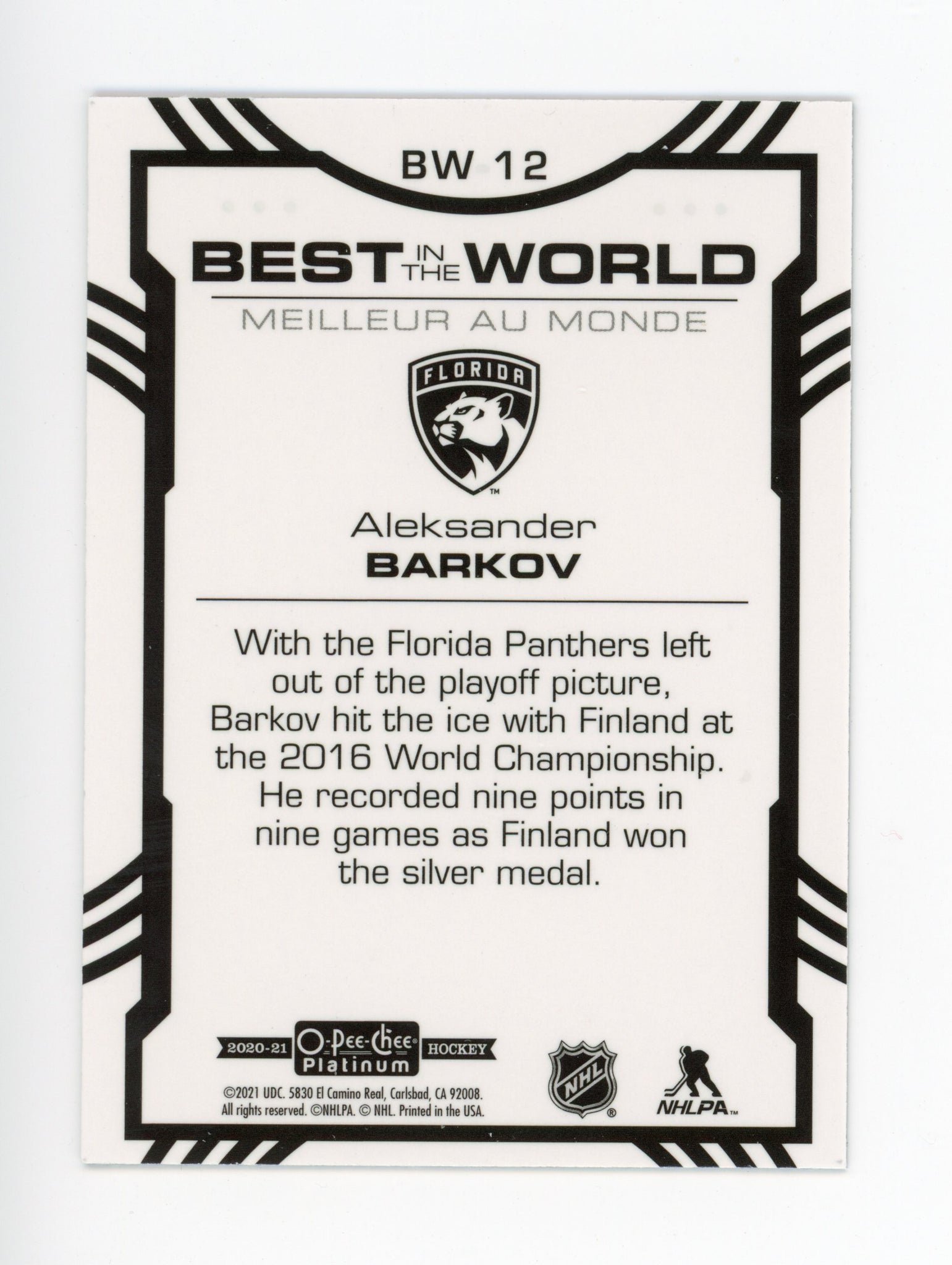 2020-2021 Aleksander Barkov Best In The World OPC Florida Panthers # BW-12
