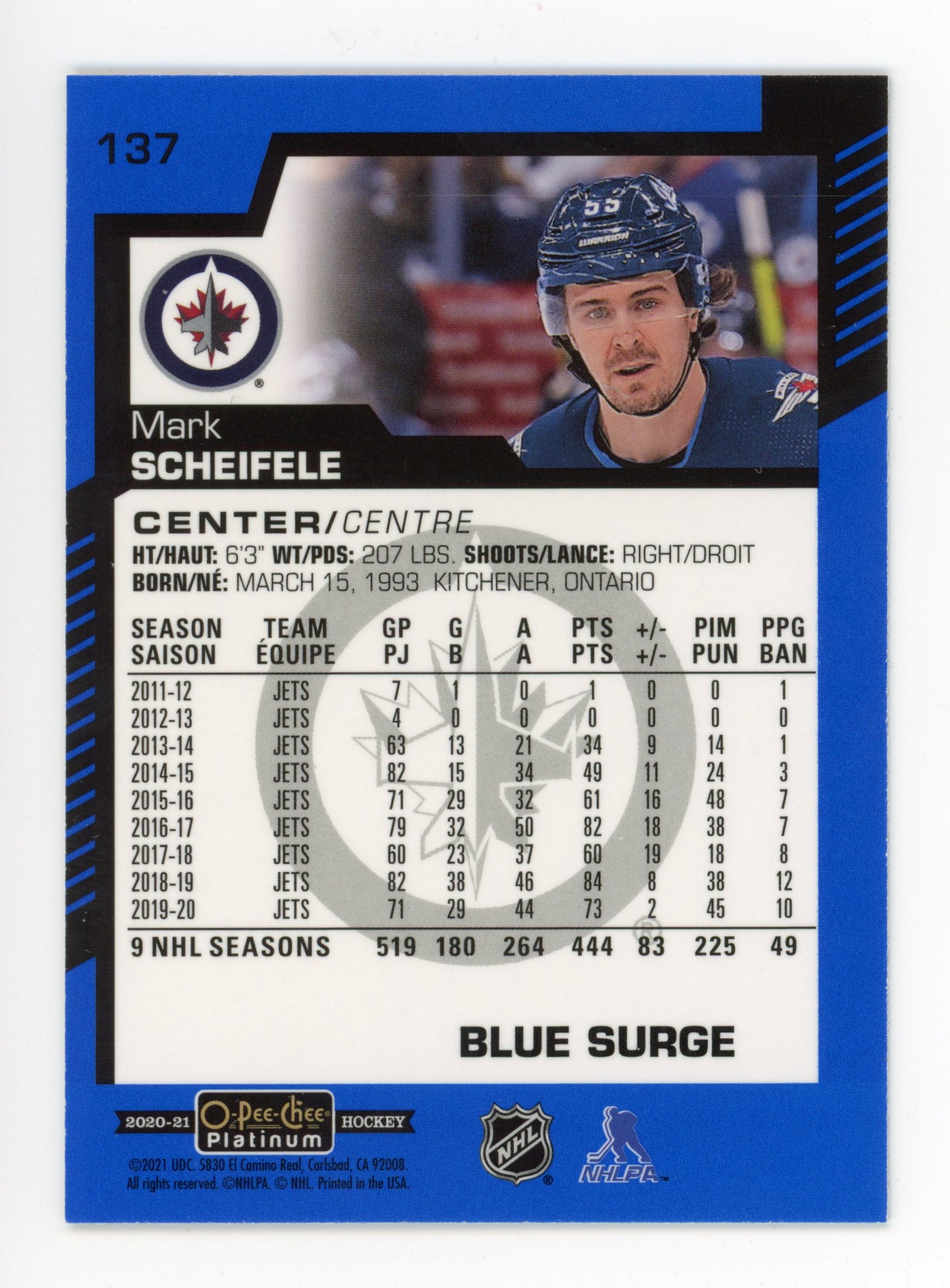 2020-2021 Mark Scheifele Blue Surge OPC Winnipeg Jets # 137