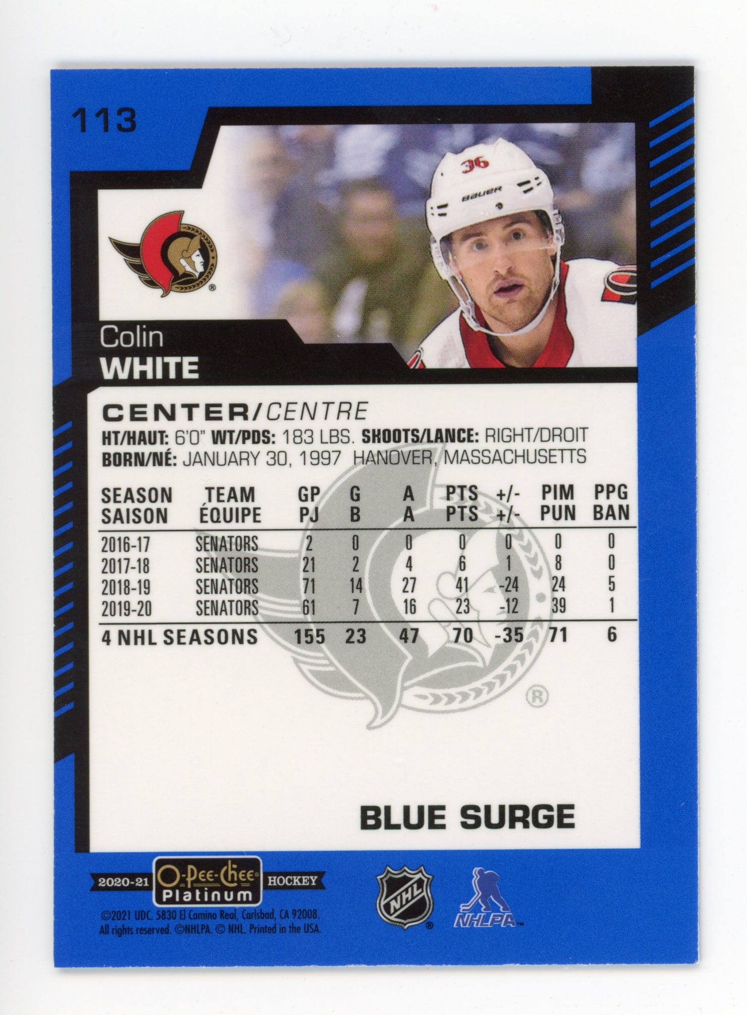 2020-2021 Colin White Blue Surge OPC Ottawa Senators # 113