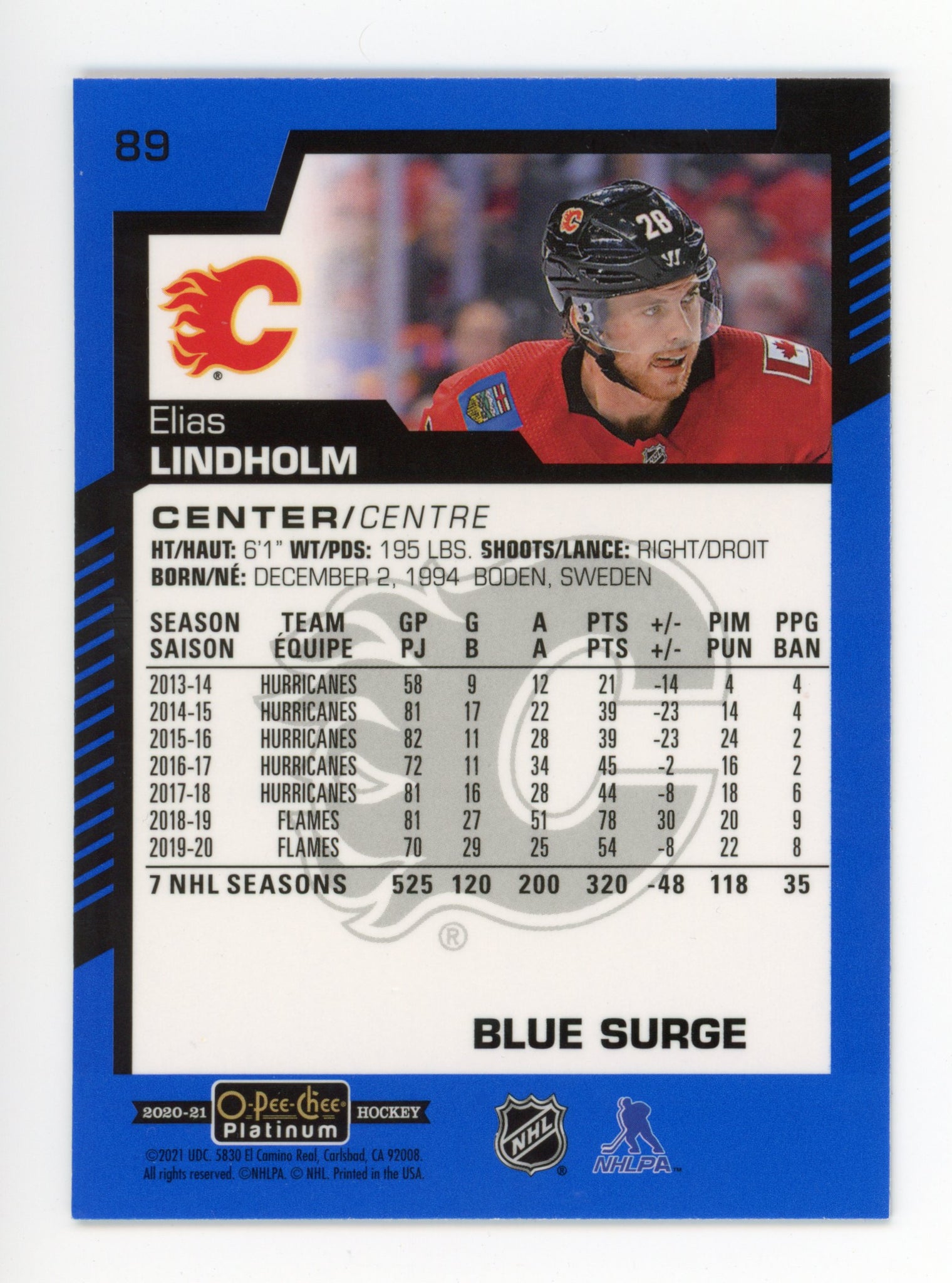 2020-2021 Elias Lindholm Blue Surge OPC Calgary Flames # 89