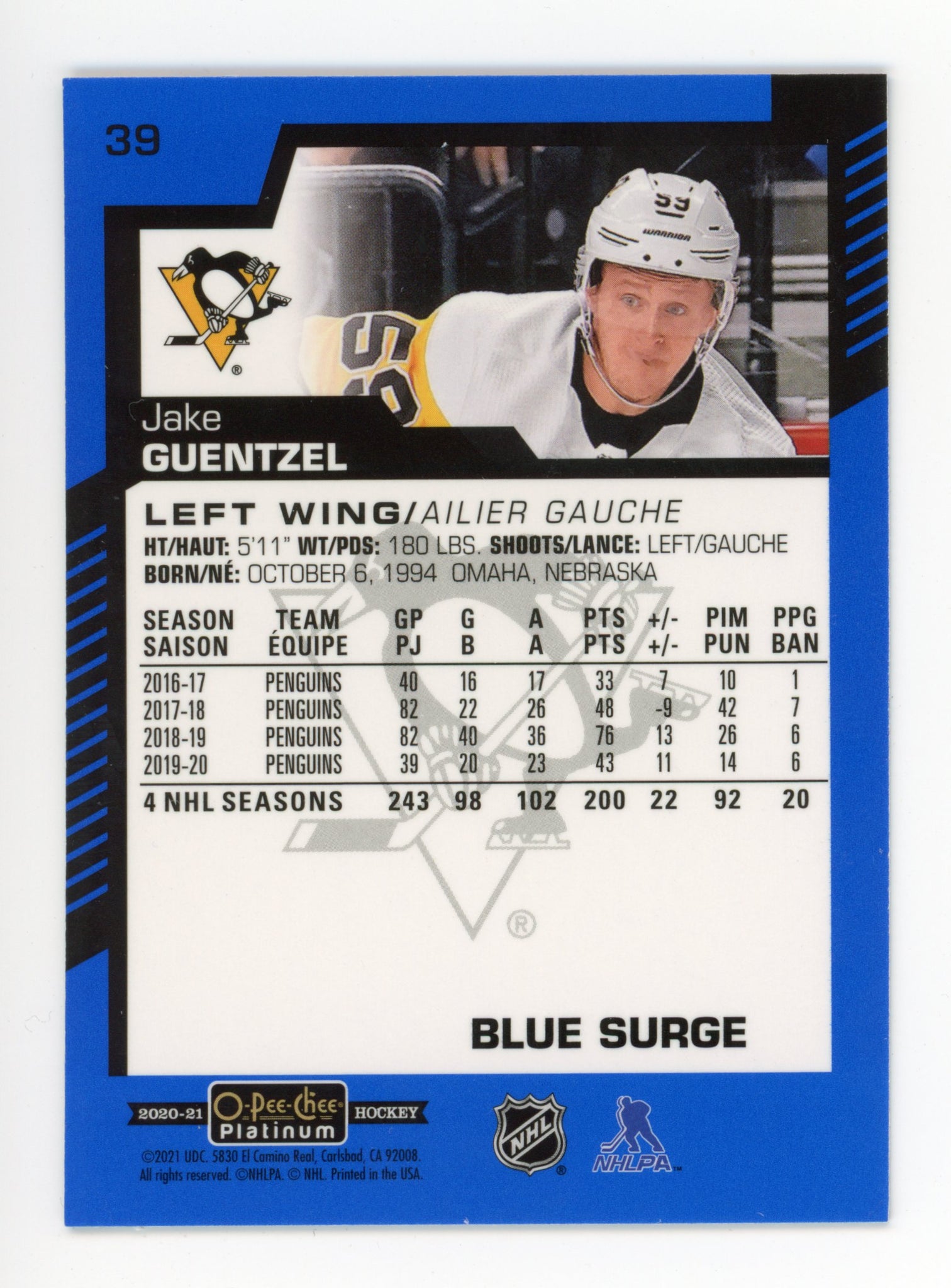 2020-2021 Jake Guentzel Blue Surge OPC Pittsburgh Penguins # 39