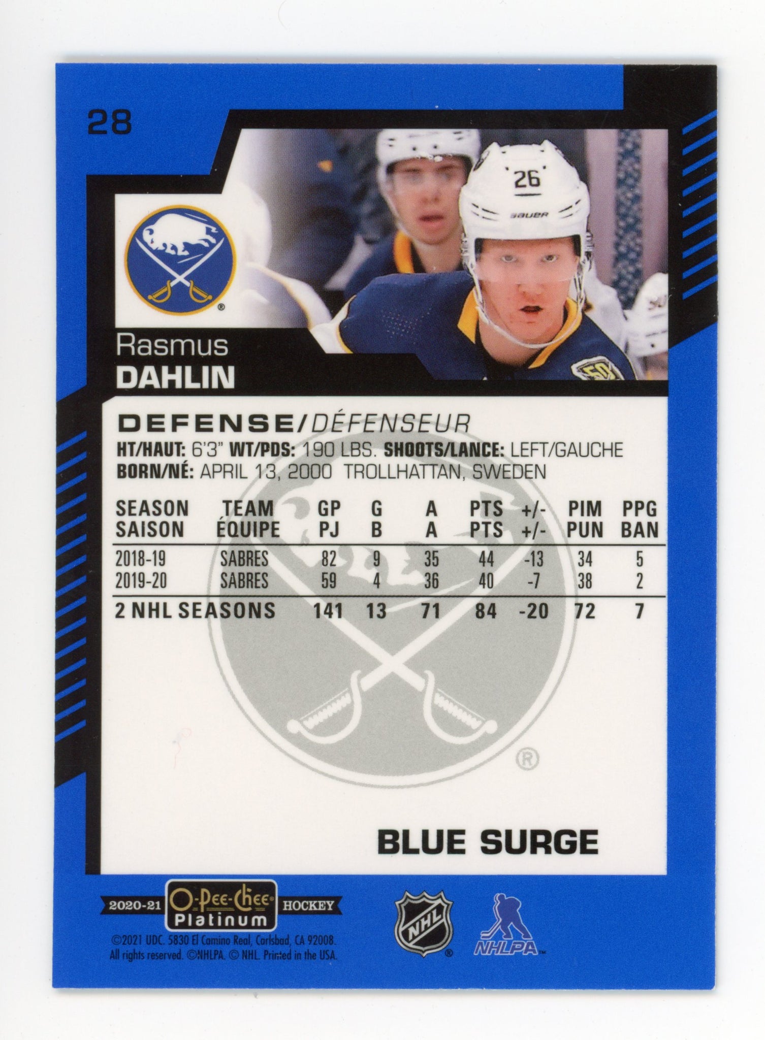 2020-2021 Rasmus Dahlin Blue Surge OPC Buffalo Sabres # 28