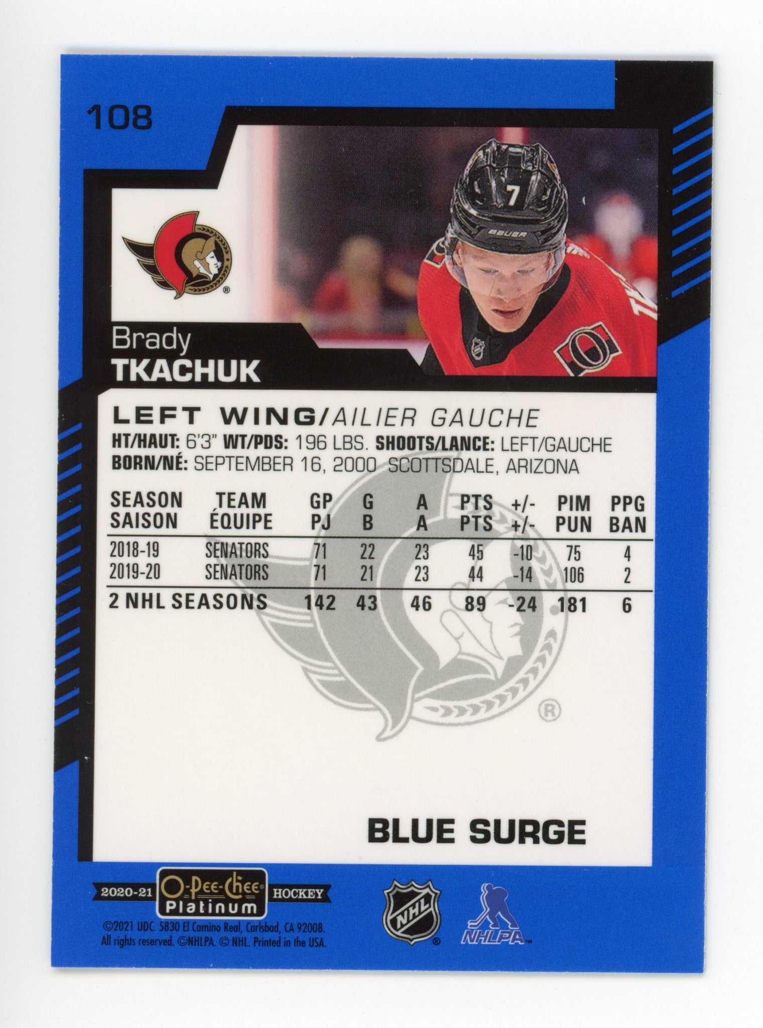 2020-2021 Brady Tkachuk Blue Surge OPC Ottawa Senators # 108