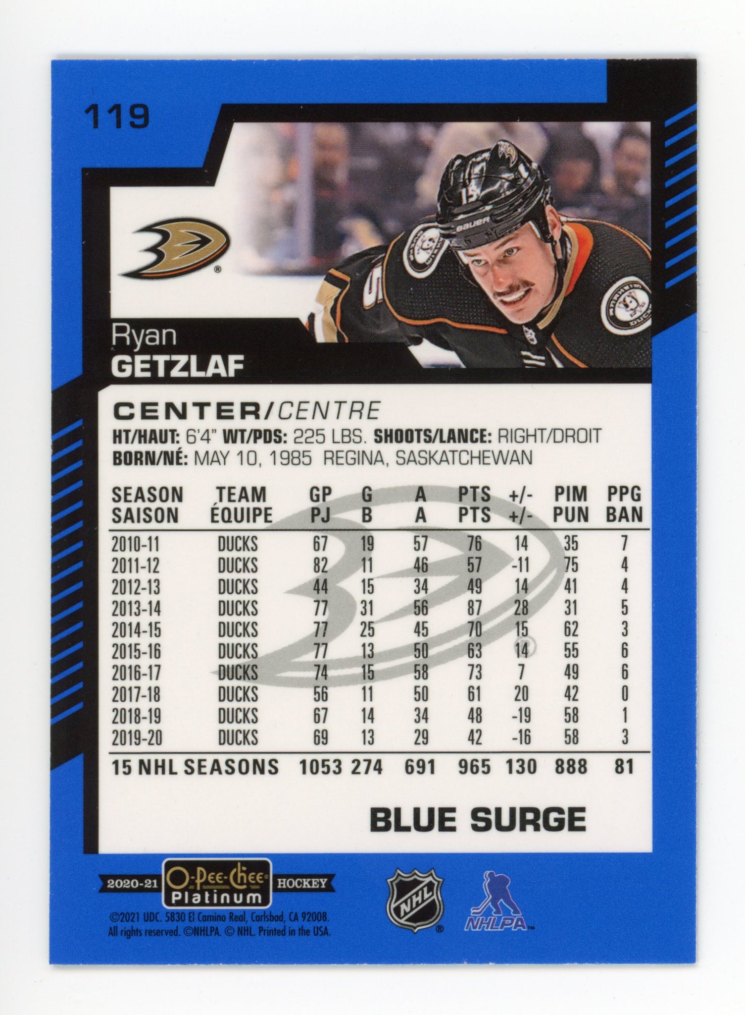 2020-2021 Ryan Getzlaf Blue Surge OPC Anaheim Ducks # 119