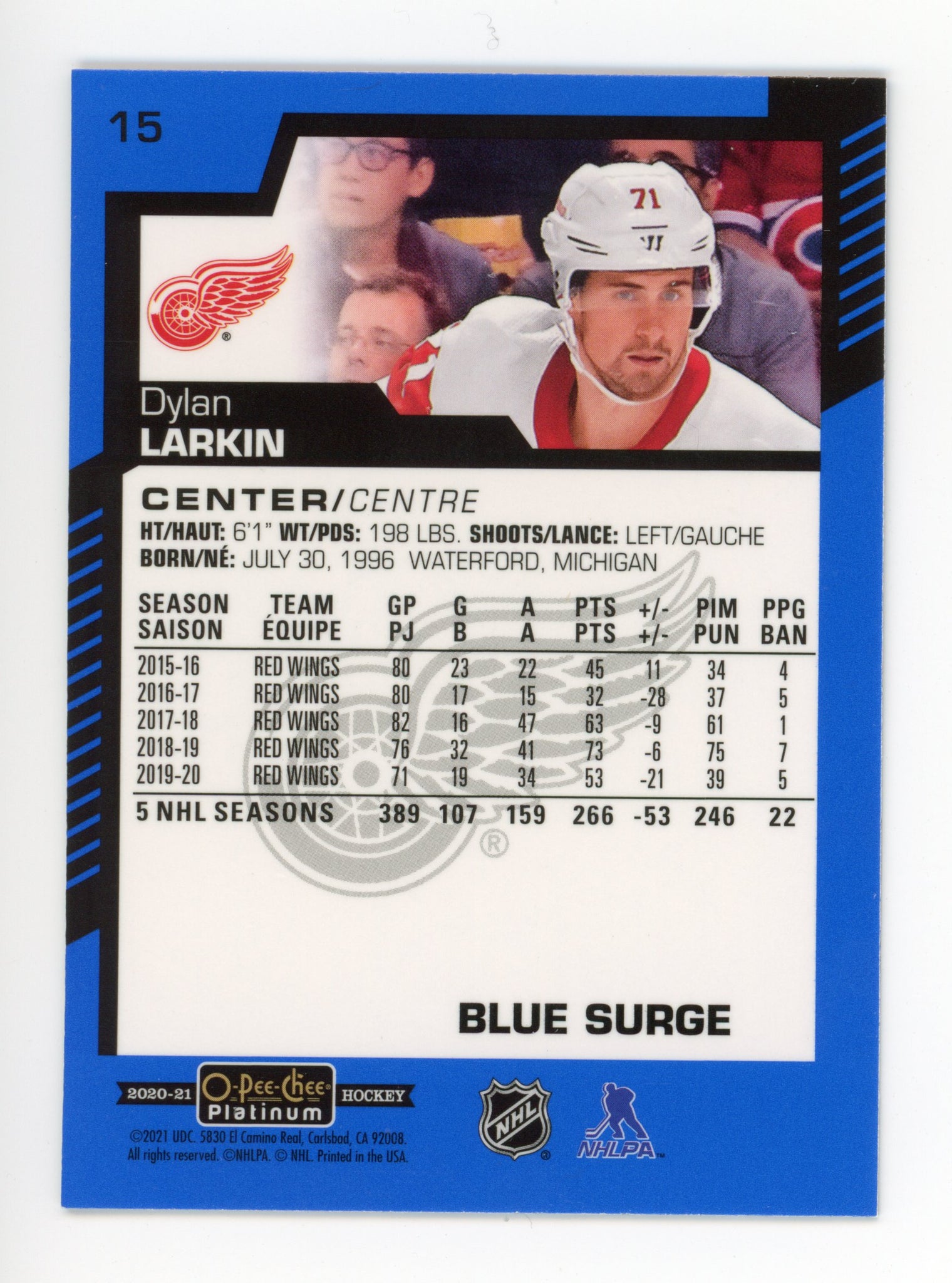 2020-2021 Dylan Larkin Blue Surge OPC Detroit Red Wings # 15