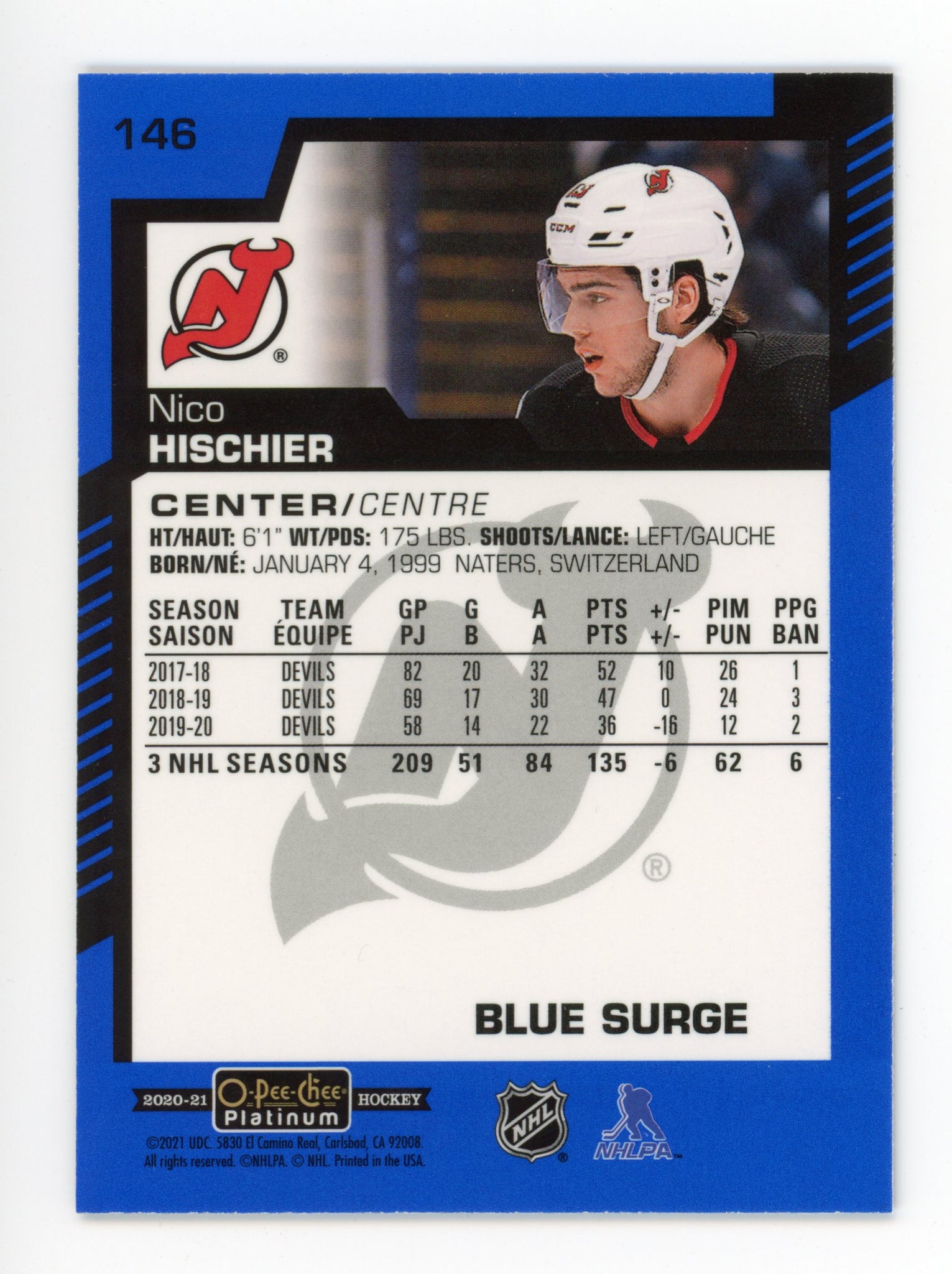 2020-2021 Nico Hischier Blue Surge OPC New Jersey Devils # 146